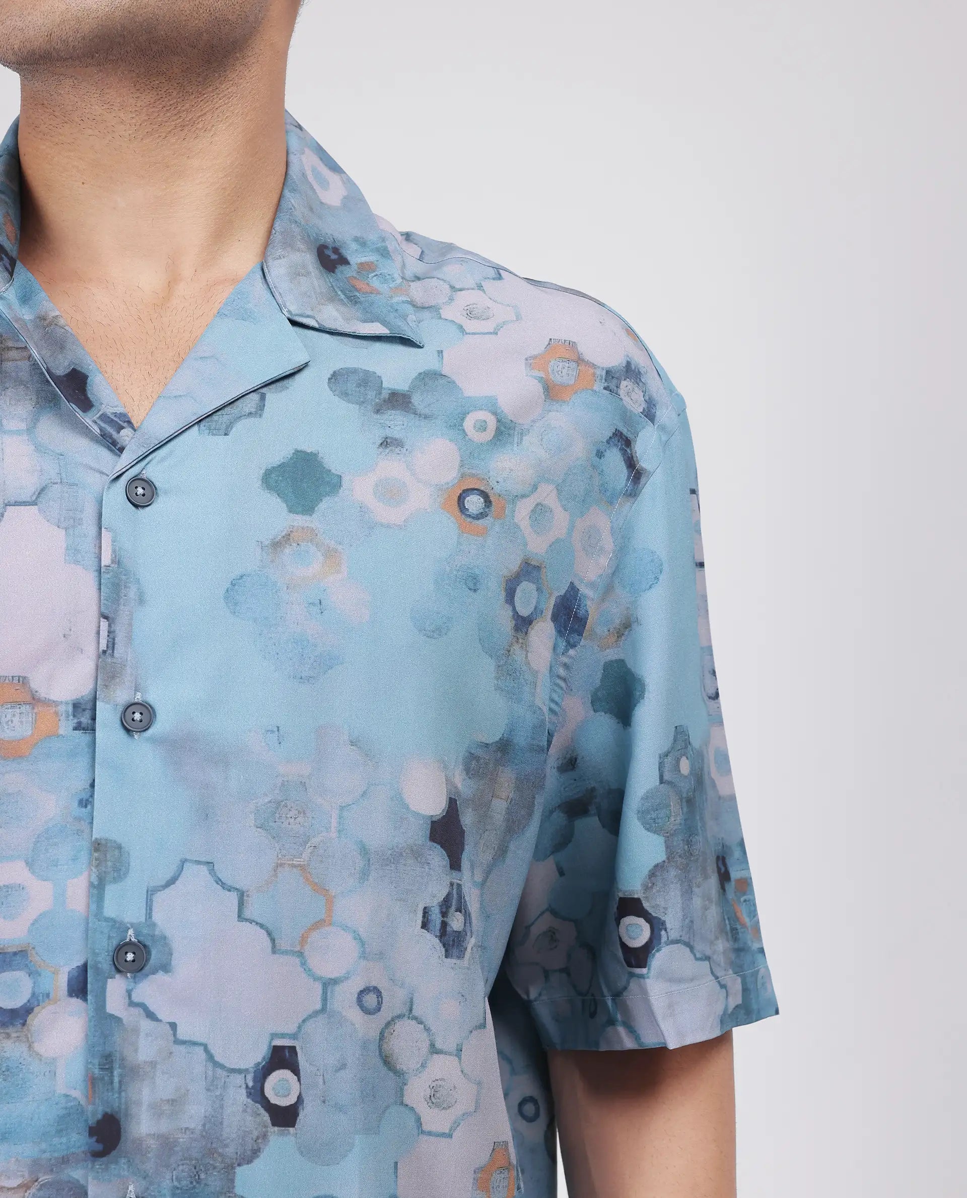 Rare Rabbit Men's Akio Blue Viscose Fabric Half Sleeve Cuban Collar Oversized Fit Abstract Print Shirt