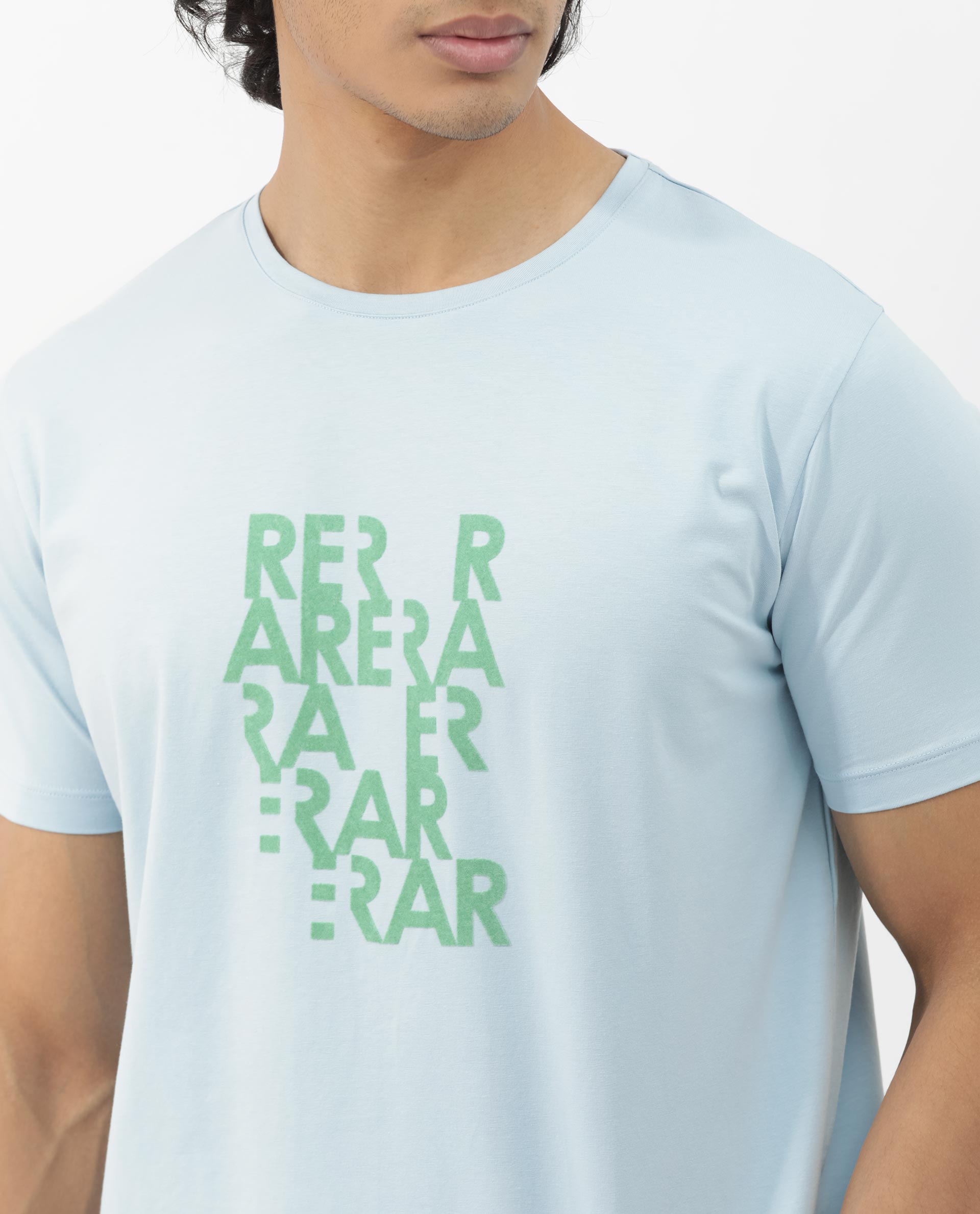 Rare Rabbit Mens Akro Light Blue Cotton Lycra Fabric Half Sleeves Graphic Print T-Shirt