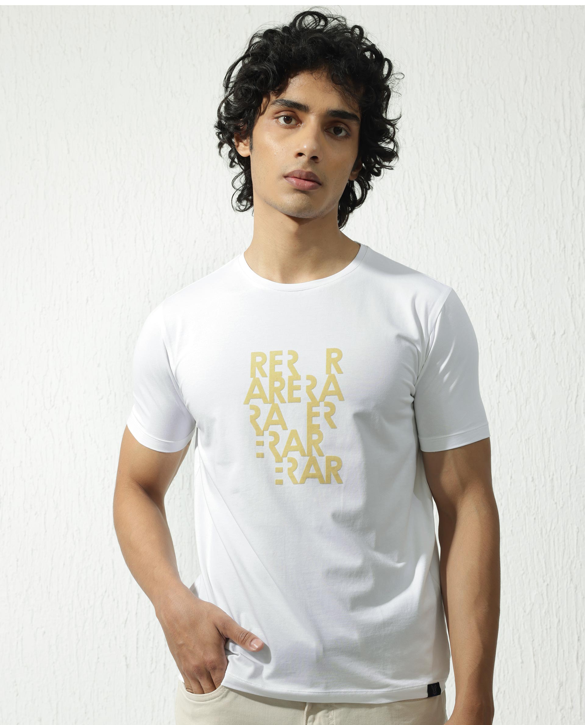 Rare Rabbit Men's Akro White Cotton Lycra Fabric Half Sleeves Graphic Print T-Shirt