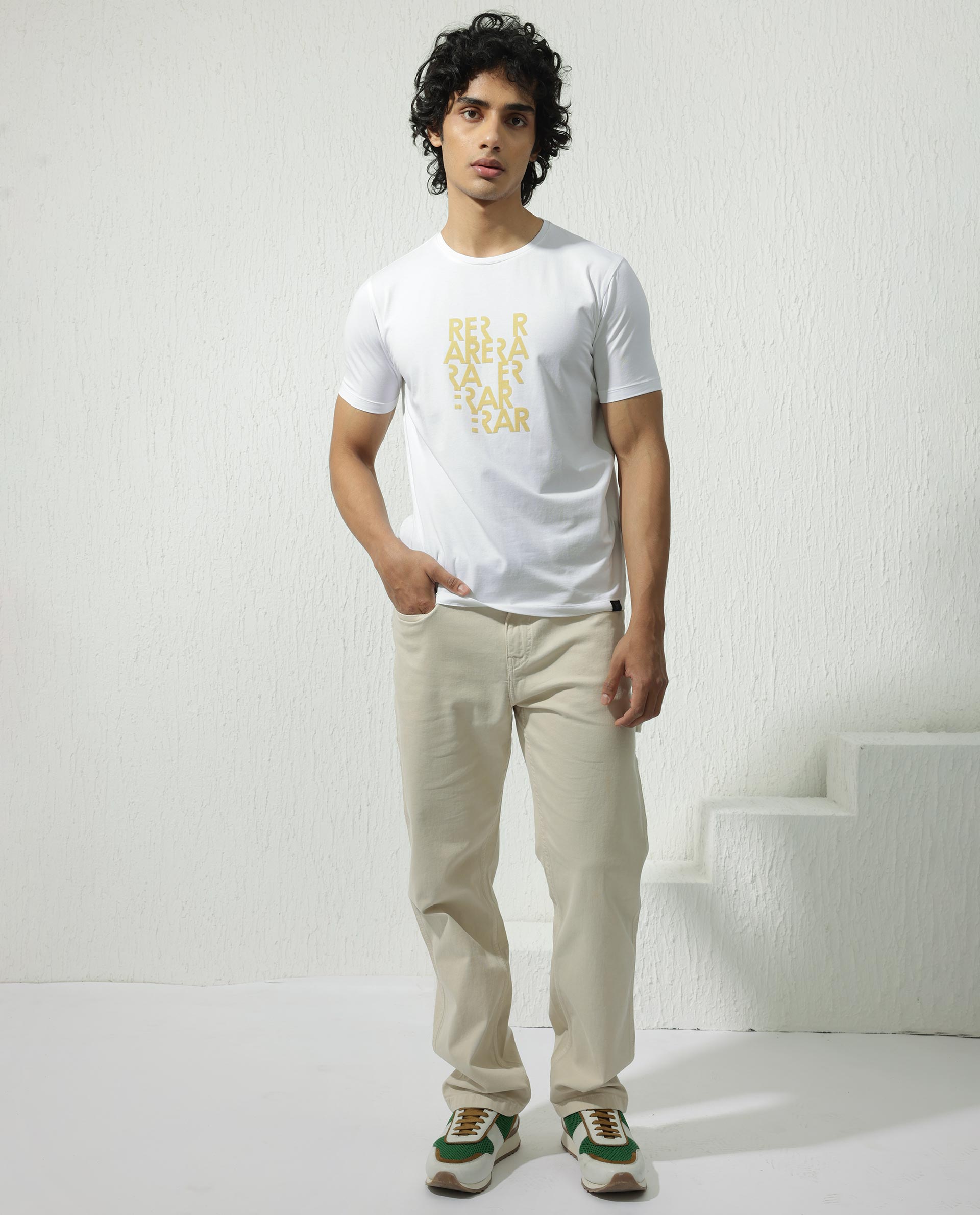 Rare Rabbit Men's Akro White Cotton Lycra Fabric Half Sleeves Graphic Print T-Shirt