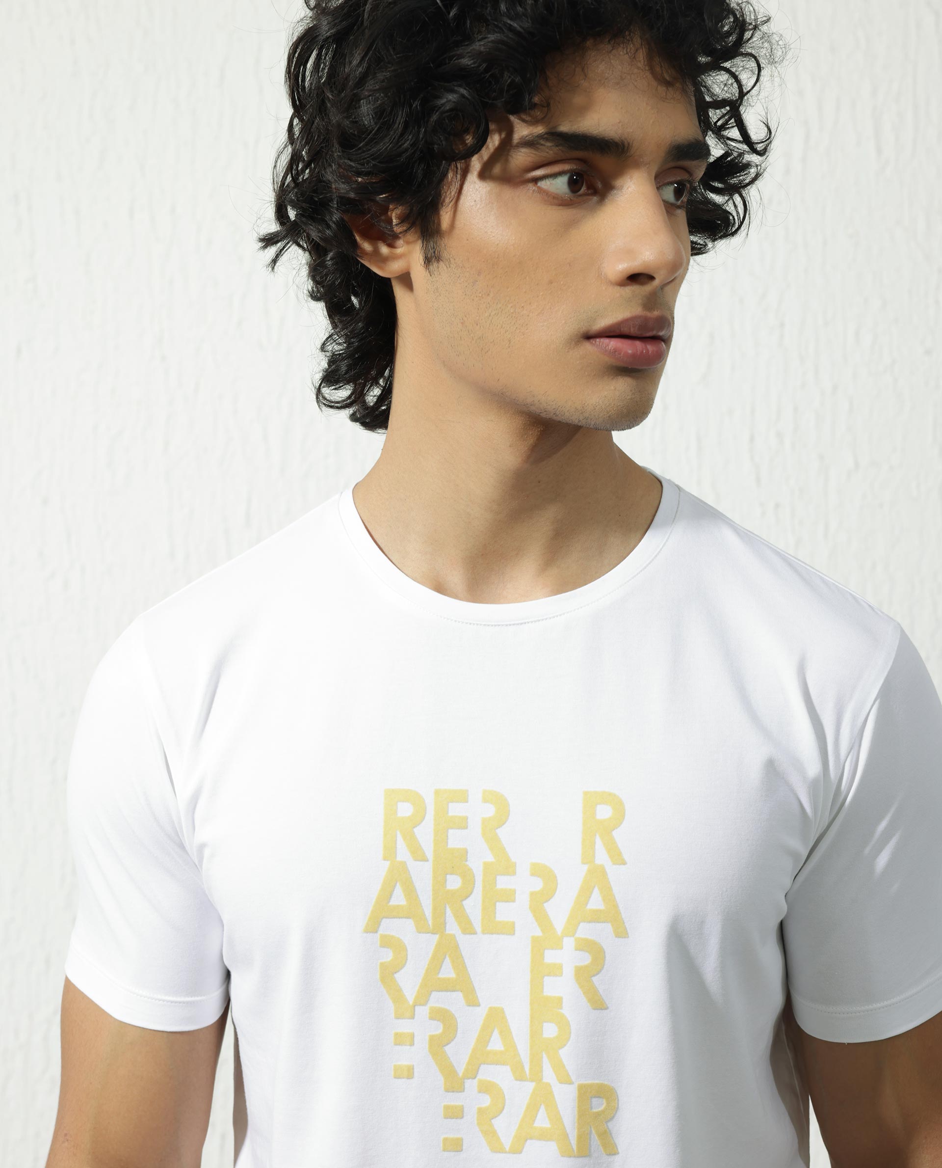 Rare Rabbit Men's Akro White Cotton Lycra Fabric Half Sleeves Graphic Print T-Shirt