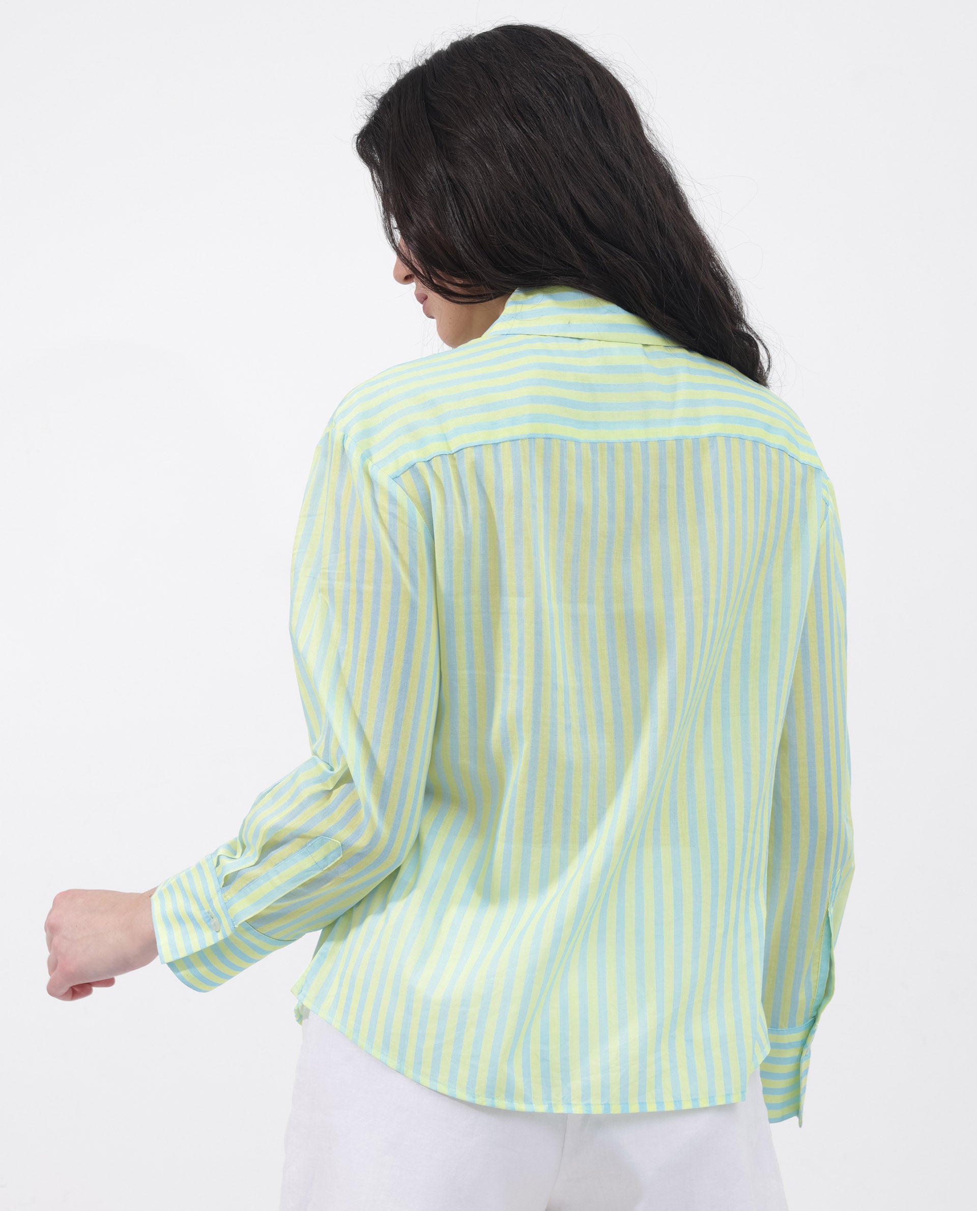 Rareism Women's Aksana Blue Cotton Drop Collar Striped Cuffed Sleeve Regular Fit Shirt