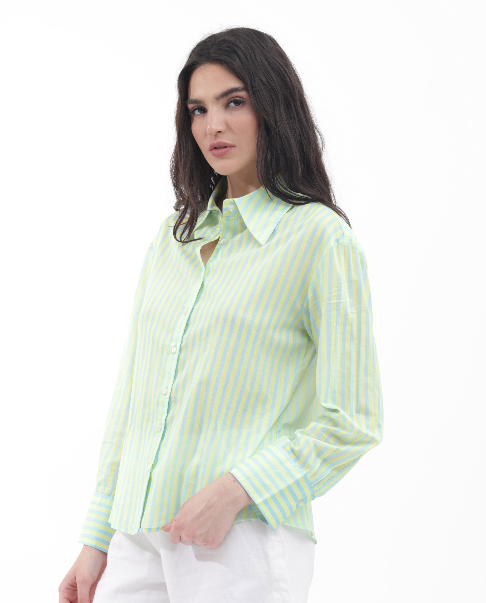 Rareism Women's Aksana Blue Cotton Drop Collar Striped Cuffed Sleeve Regular Fit Shirt