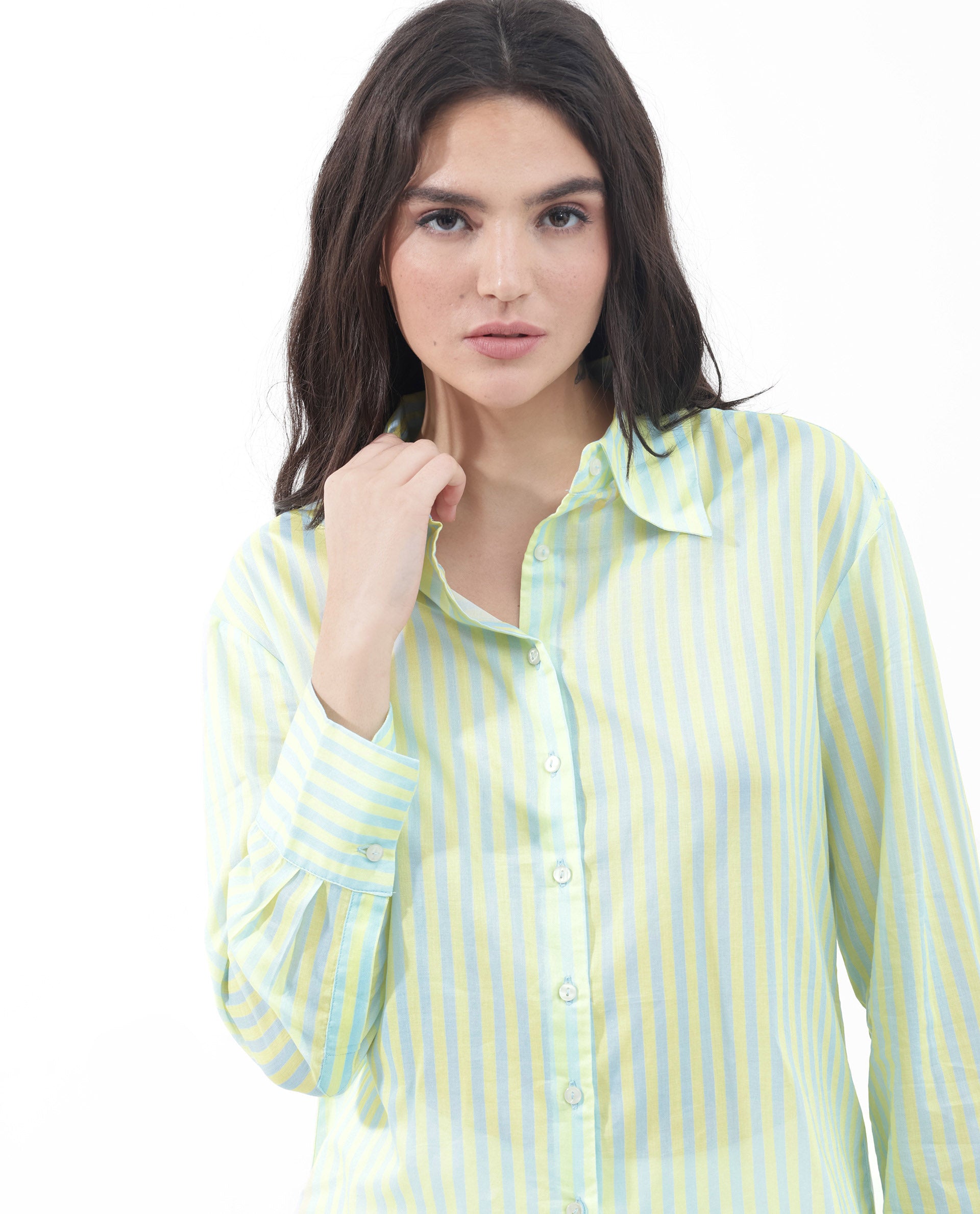 Rareism Women's Aksana Blue Cotton Drop Collar Striped Cuffed Sleeve Regular Fit Shirt