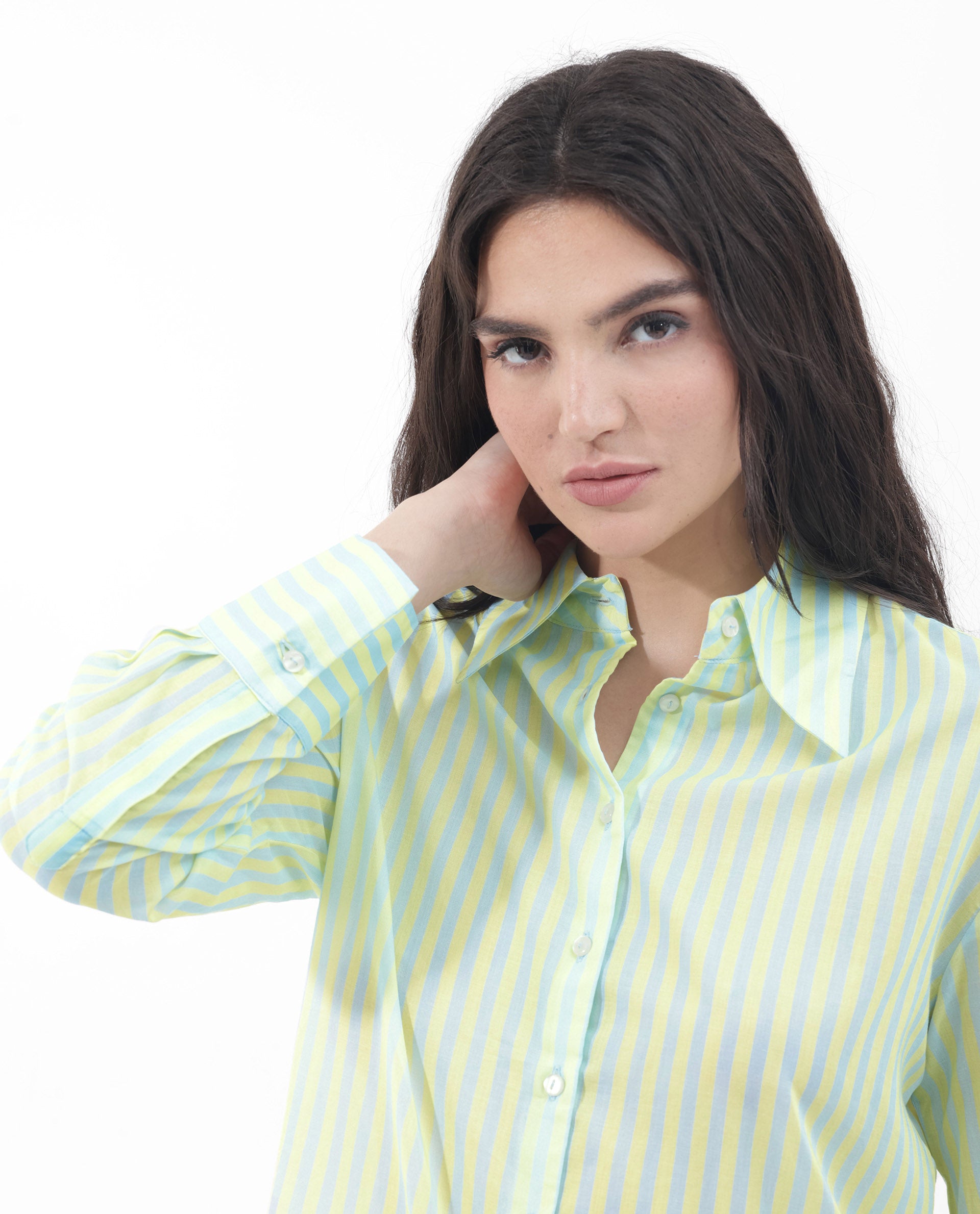 Rareism Women's Aksana Blue Cotton Drop Collar Striped Cuffed Sleeve Regular Fit Shirt
