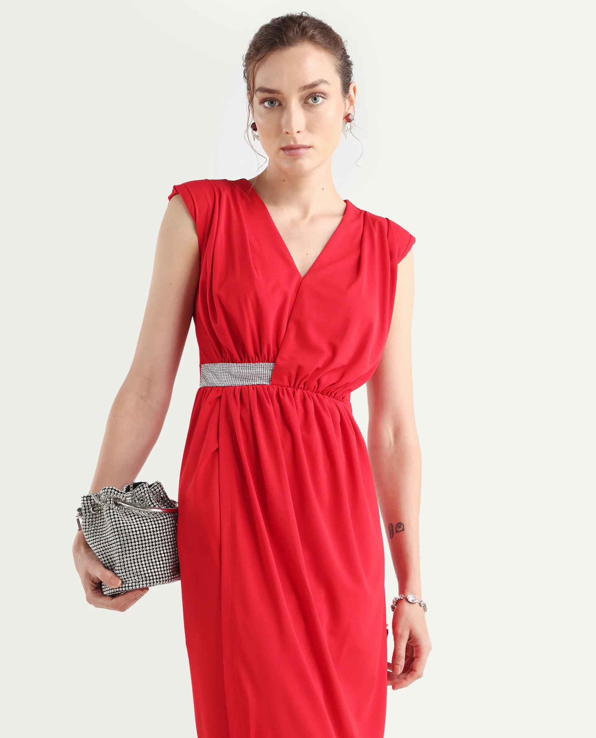 Rareism Women's Aksaray Maroon Polyester Wrap Neck Plain Sleeveless Maxi Fitted Dress