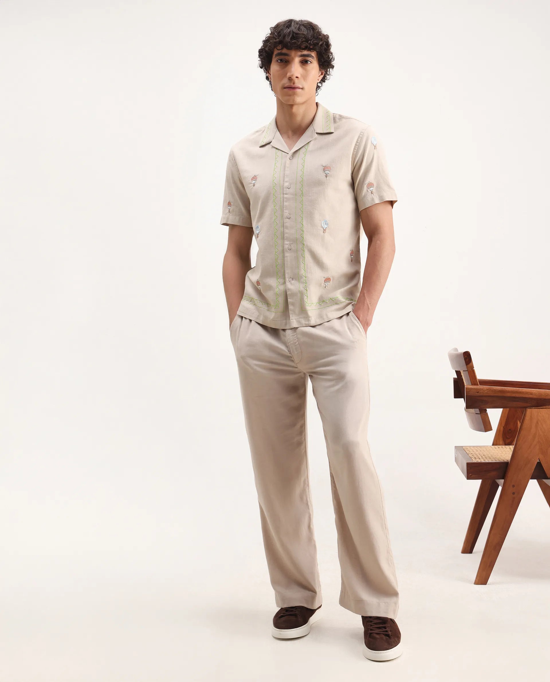 Rare Rabbit Men's Albet Off White Cotton Embroidered Boxy Fit Half Sleeve Cuban Collar Shirt