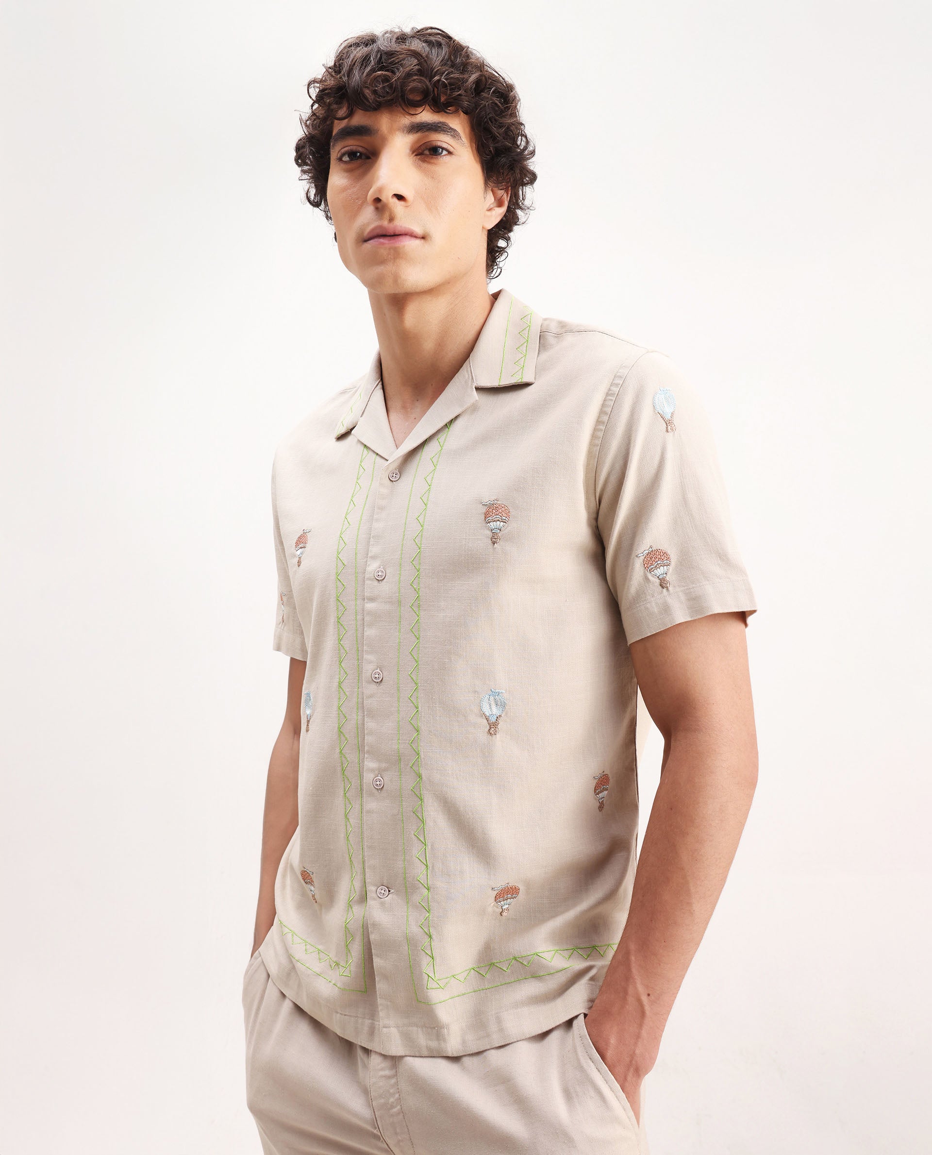 Rare Rabbit Men's Albet Off White Cotton Embroidered Boxy Fit Half Sleeve Cuban Collar Shirt