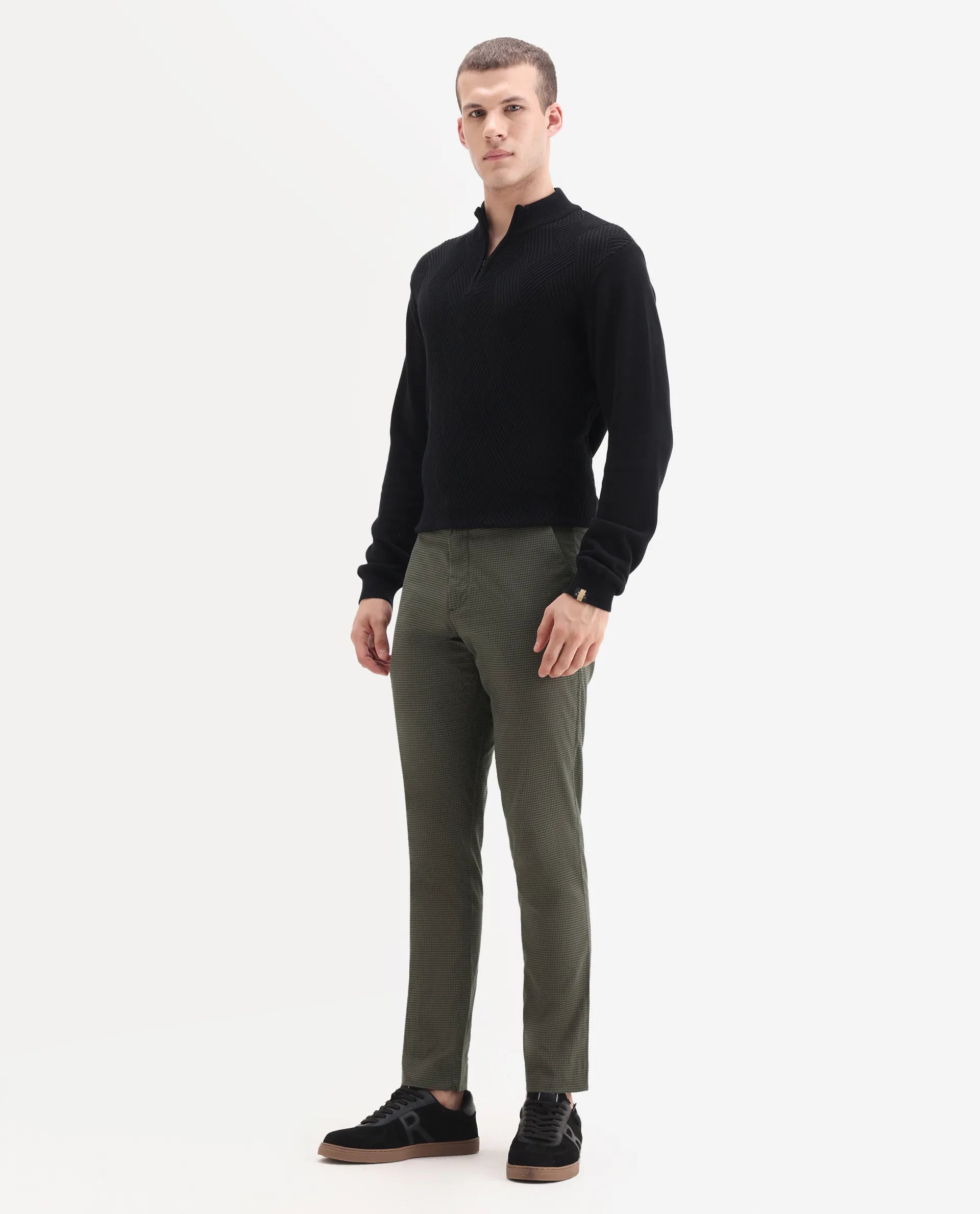 Rare Rabbit Men's Albion Green Cotton Checked Print Regular Fit Trouser