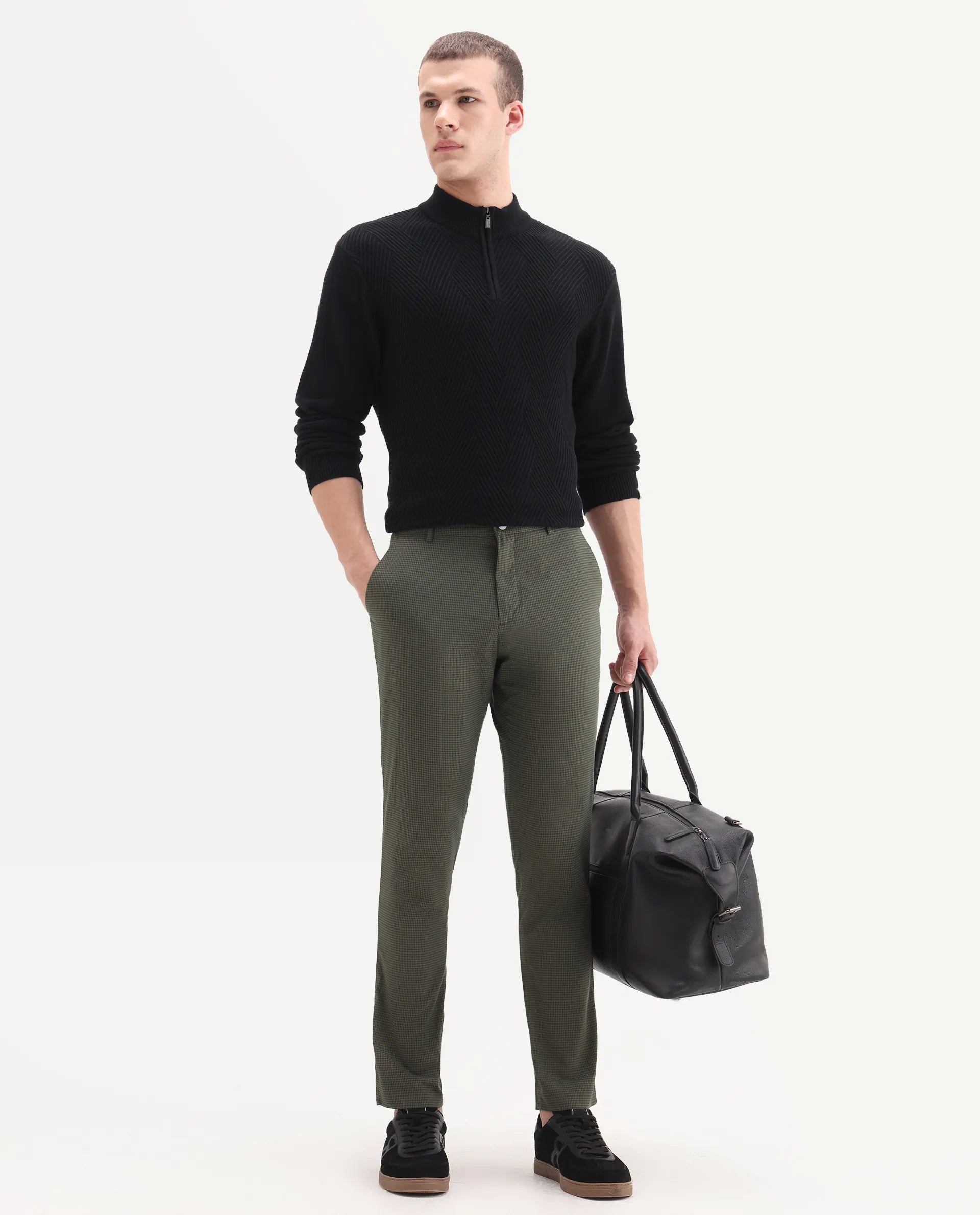 Rare Rabbit Men's Albion Green Cotton Checked Print Regular Fit Trouser