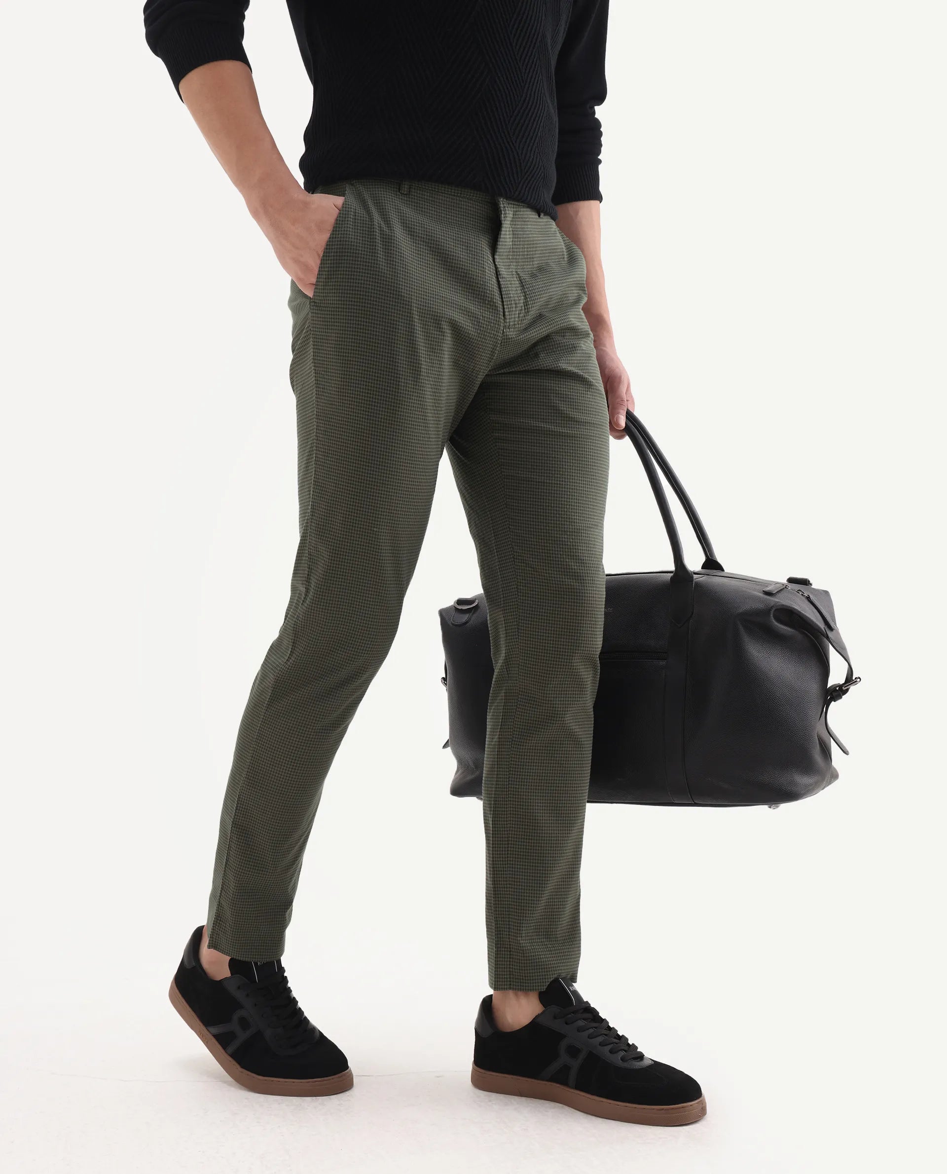 Rare Rabbit Men's Albion Green Cotton Checked Print Regular Fit Trouser