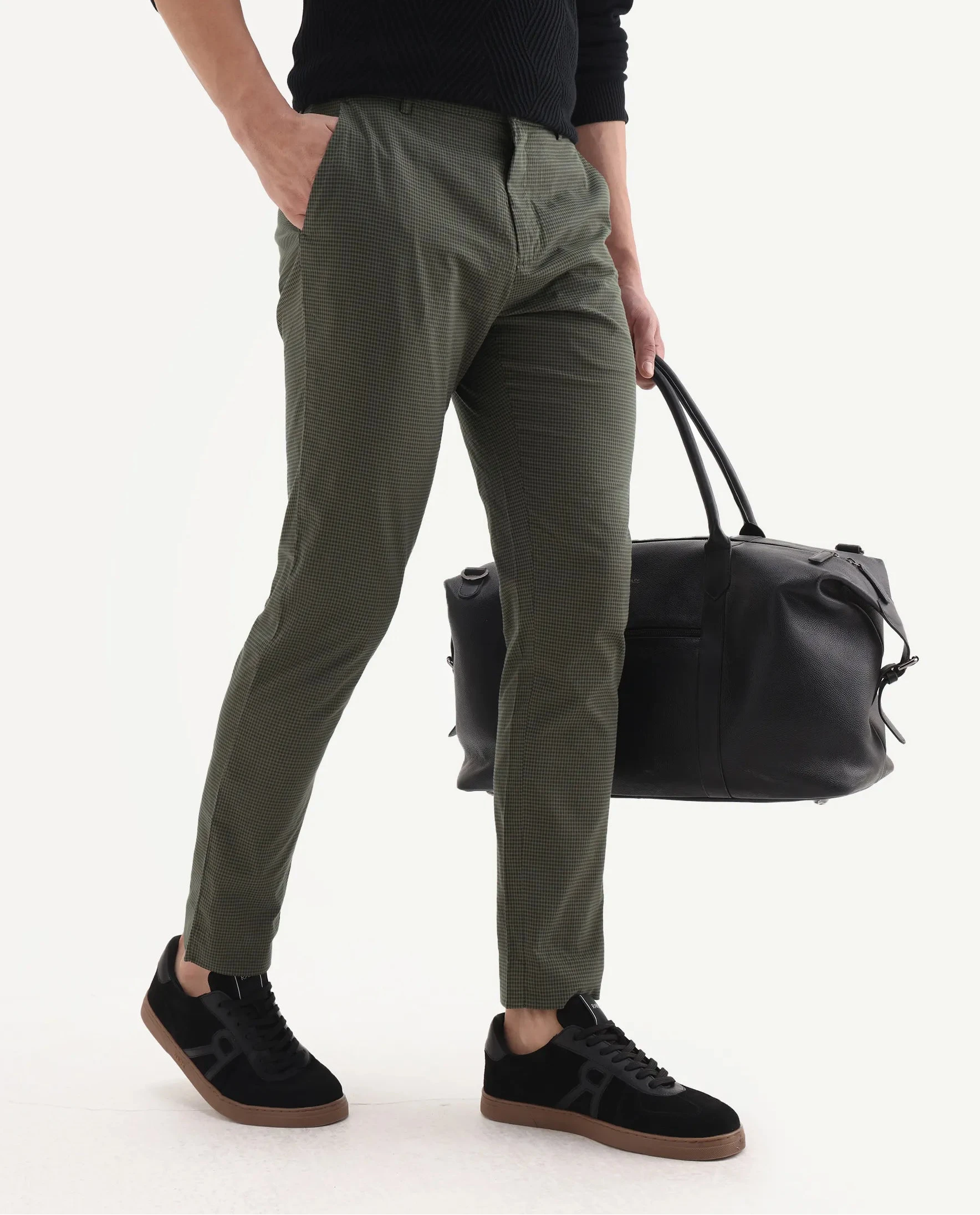 Rare Rabbit Men's Albion Green Cotton Checked Print Regular Fit Trouser