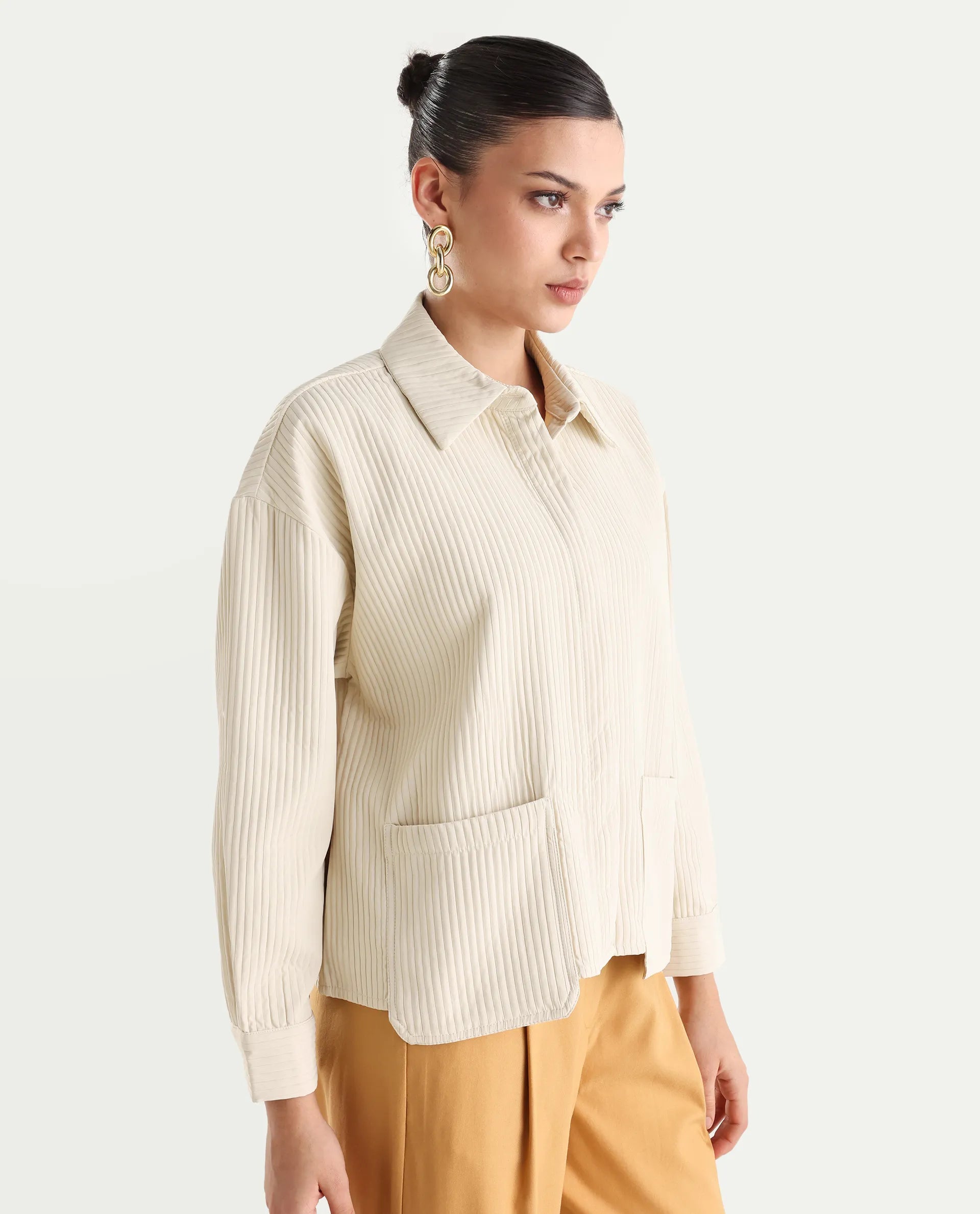 Rareism Women's Albury Off White Polyester Drop Collar Plain Cuffed Sleeve Boxy Fit Jacket