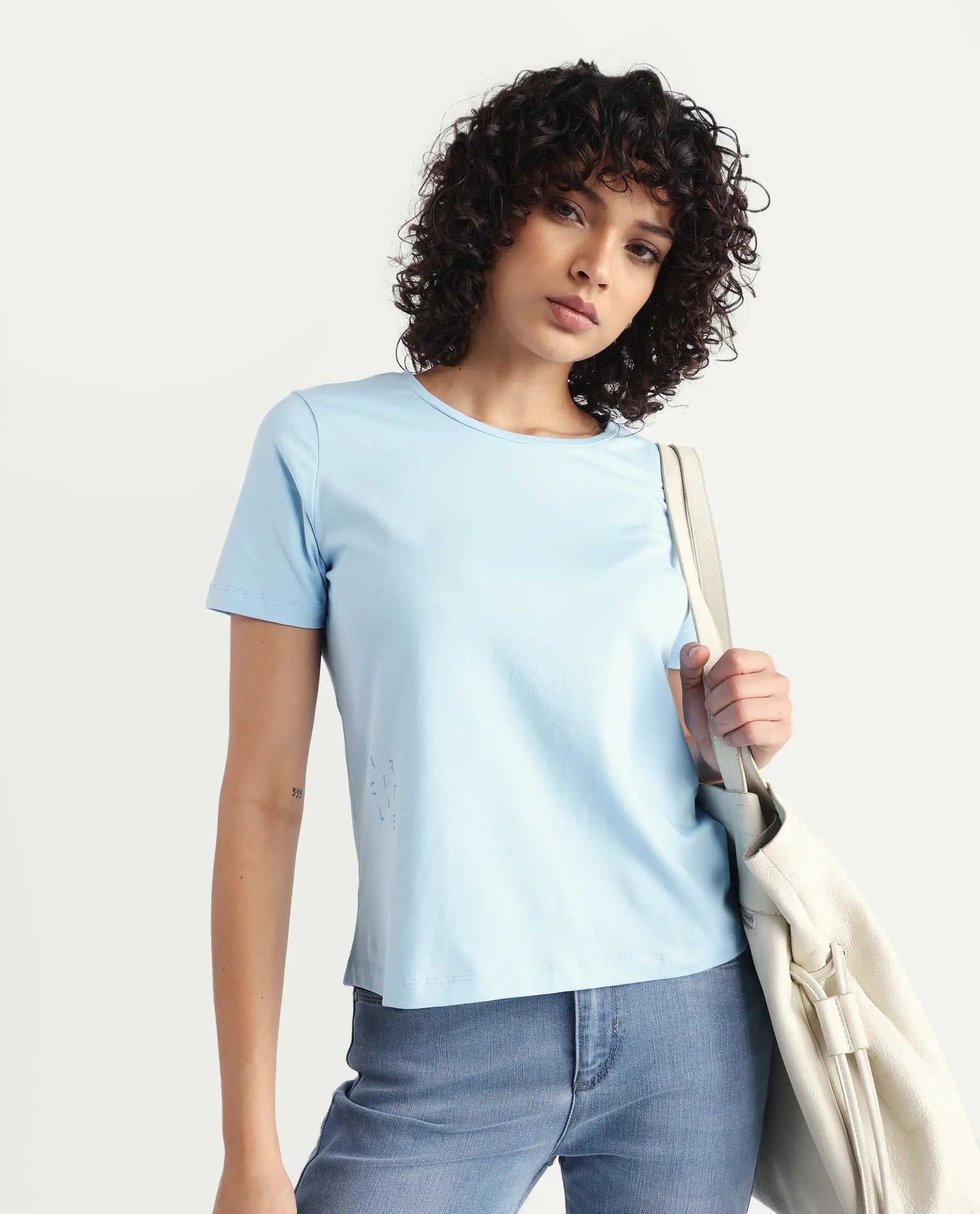 Rareism Women's Light Weight High Stretch 180 Gsm Cotton Crew Neck Plain Regular Fit T-Shirt