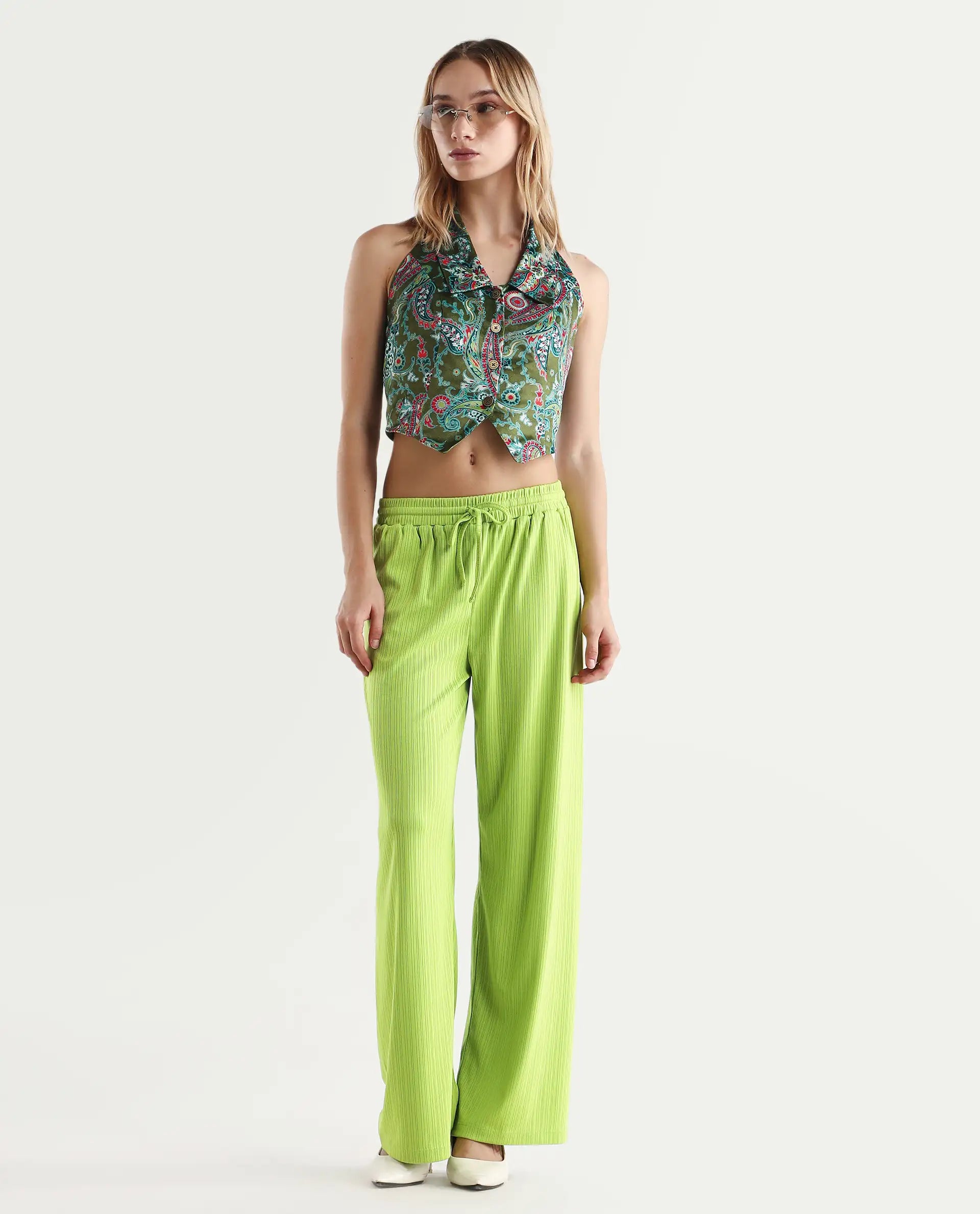 Rareism Women's Alcazar Flouroscent Green Polyester Blend Plain Ankle Length Straight Fit Trouser