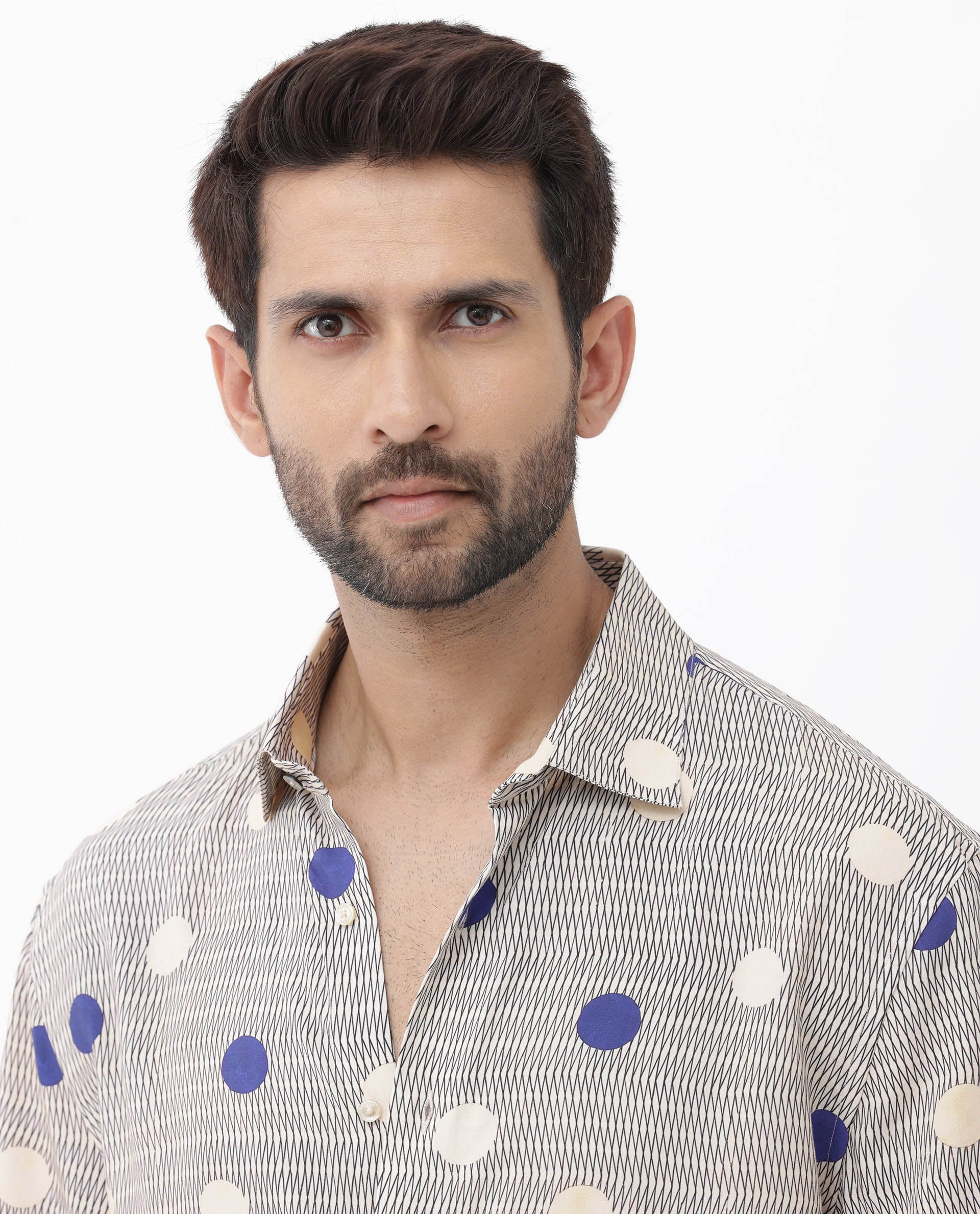 Rare Rabbit Men's Alcoron Beige Viscose Fabric Half Sleeves Boxy Fit Abstract Polka Print Shirt