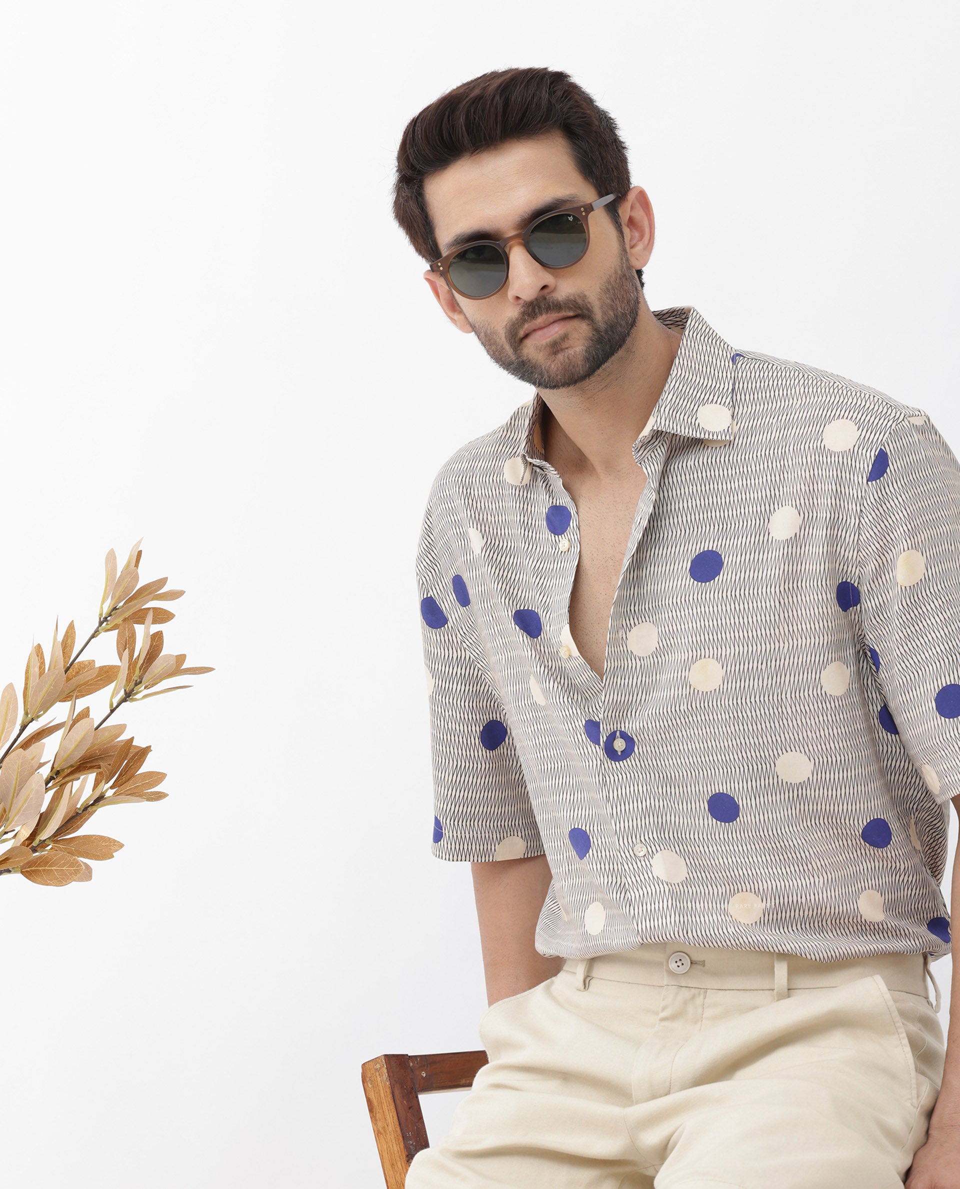 Rare Rabbit Men's Alcoron Beige Viscose Fabric Half Sleeves Boxy Fit Abstract Polka Print Shirt