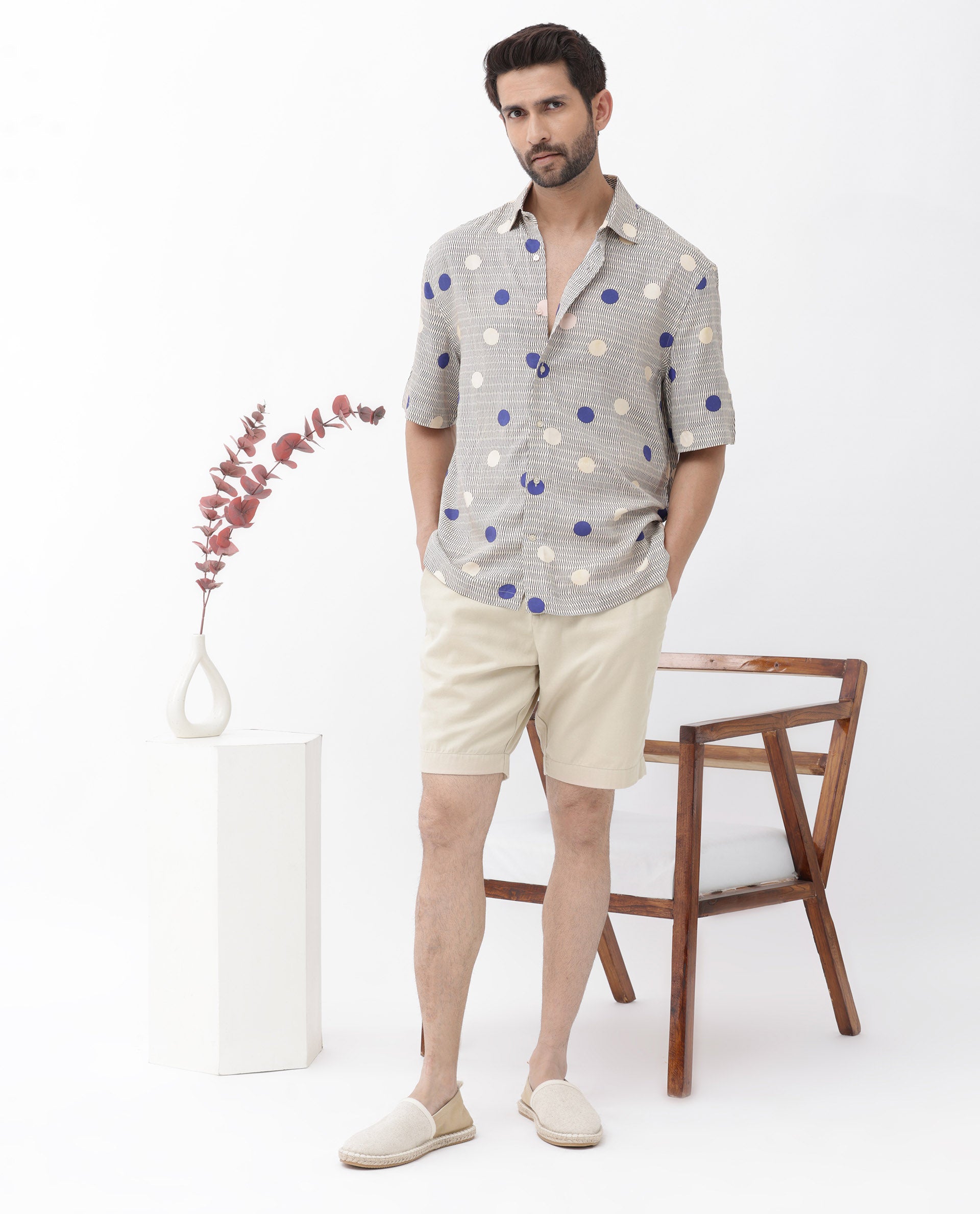 Rare Rabbit Men's Alcoron Beige Viscose Fabric Half Sleeves Boxy Fit Abstract Polka Print Shirt