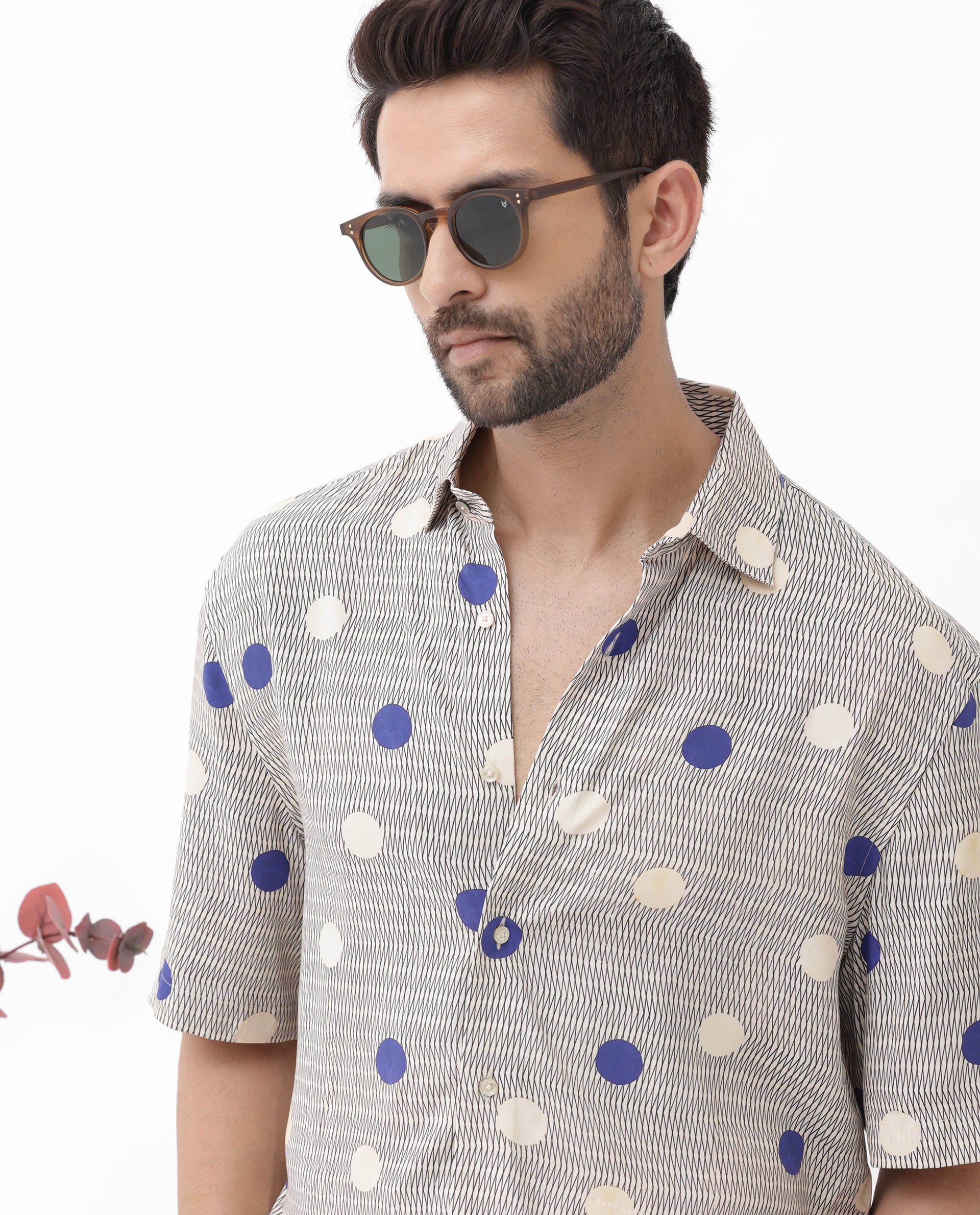 Rare Rabbit Men's Alcoron Beige Viscose Fabric Half Sleeves Boxy Fit Abstract Polka Print Shirt