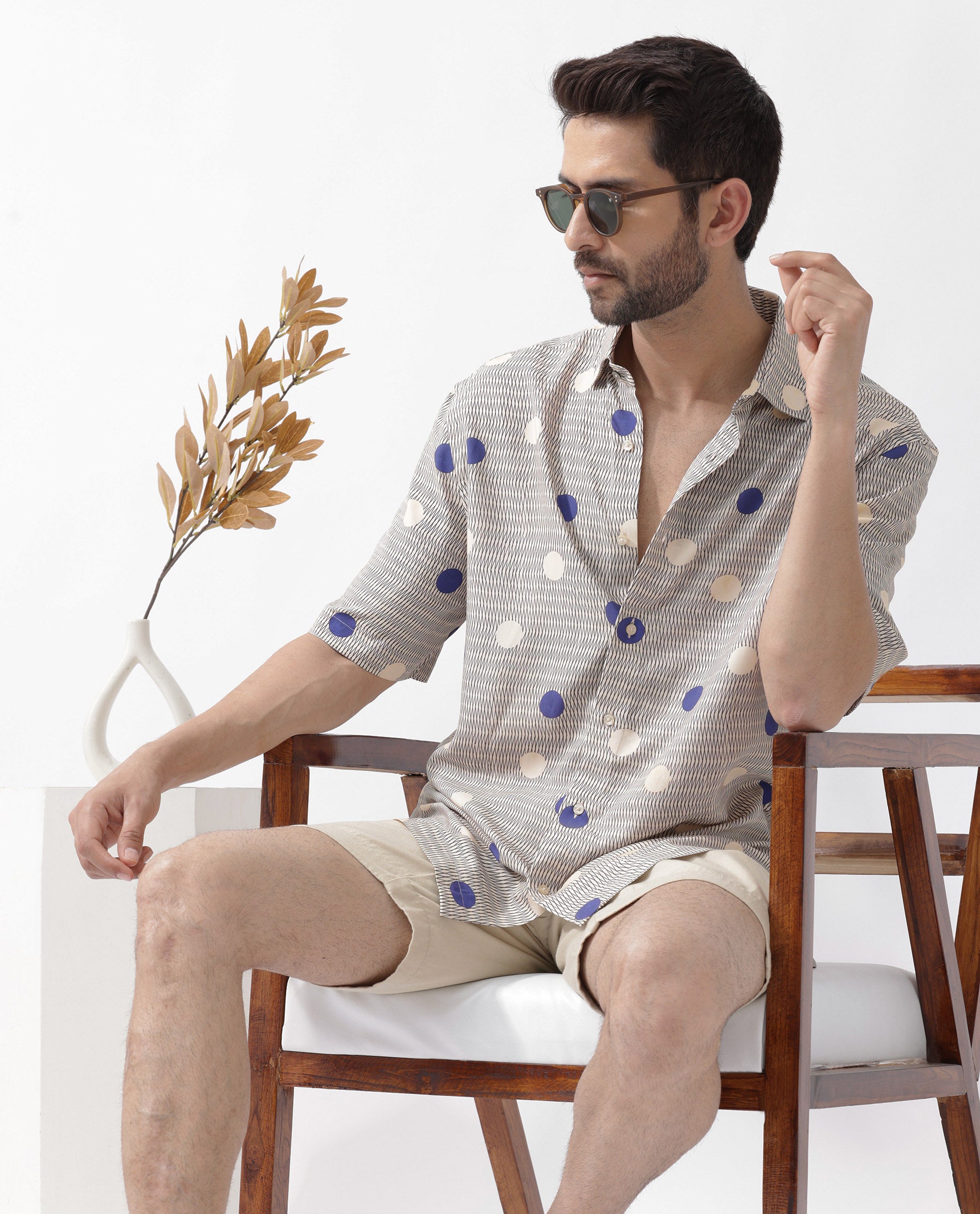 Rare Rabbit Men's Alcoron Beige Viscose Fabric Half Sleeves Boxy Fit Abstract Polka Print Shirt