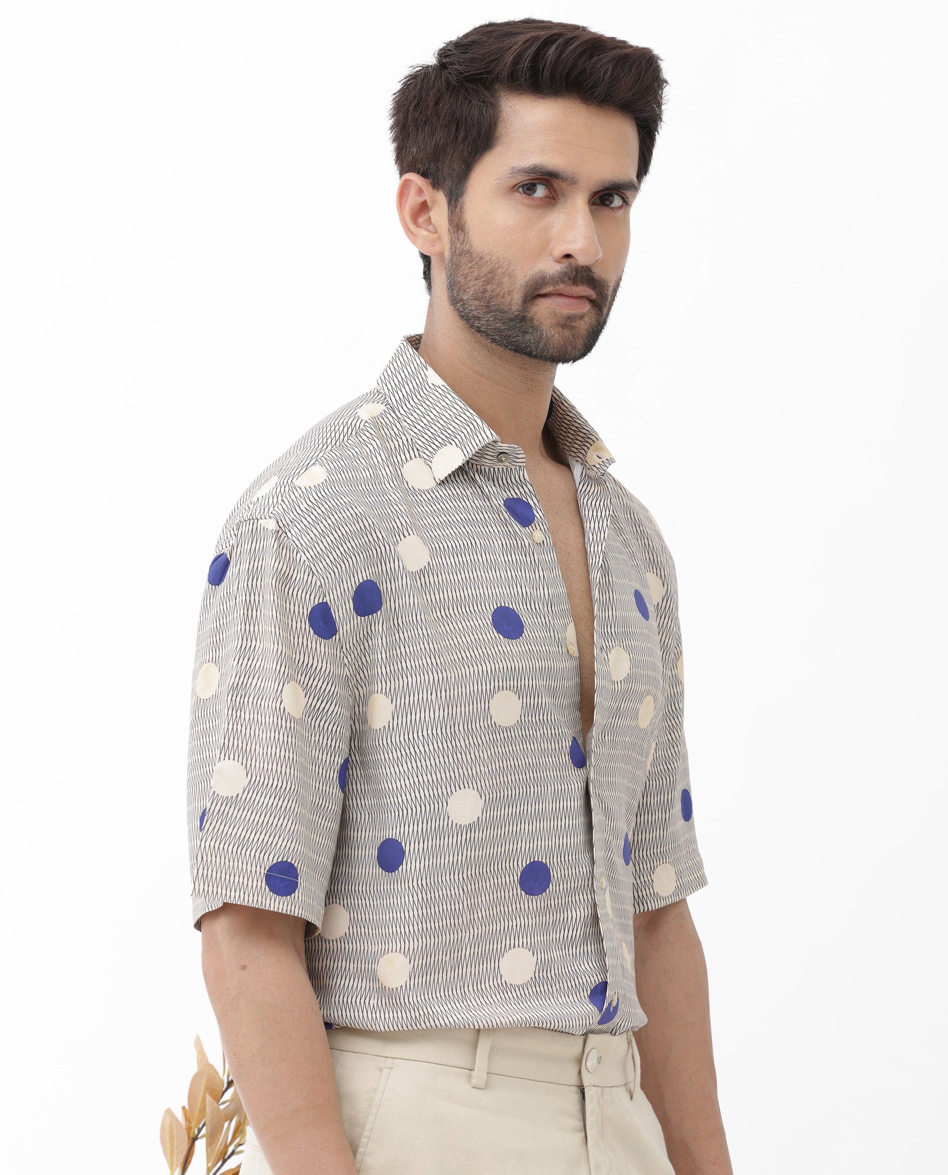 Rare Rabbit Men's Alcoron Beige Viscose Fabric Half Sleeves Boxy Fit Abstract Polka Print Shirt