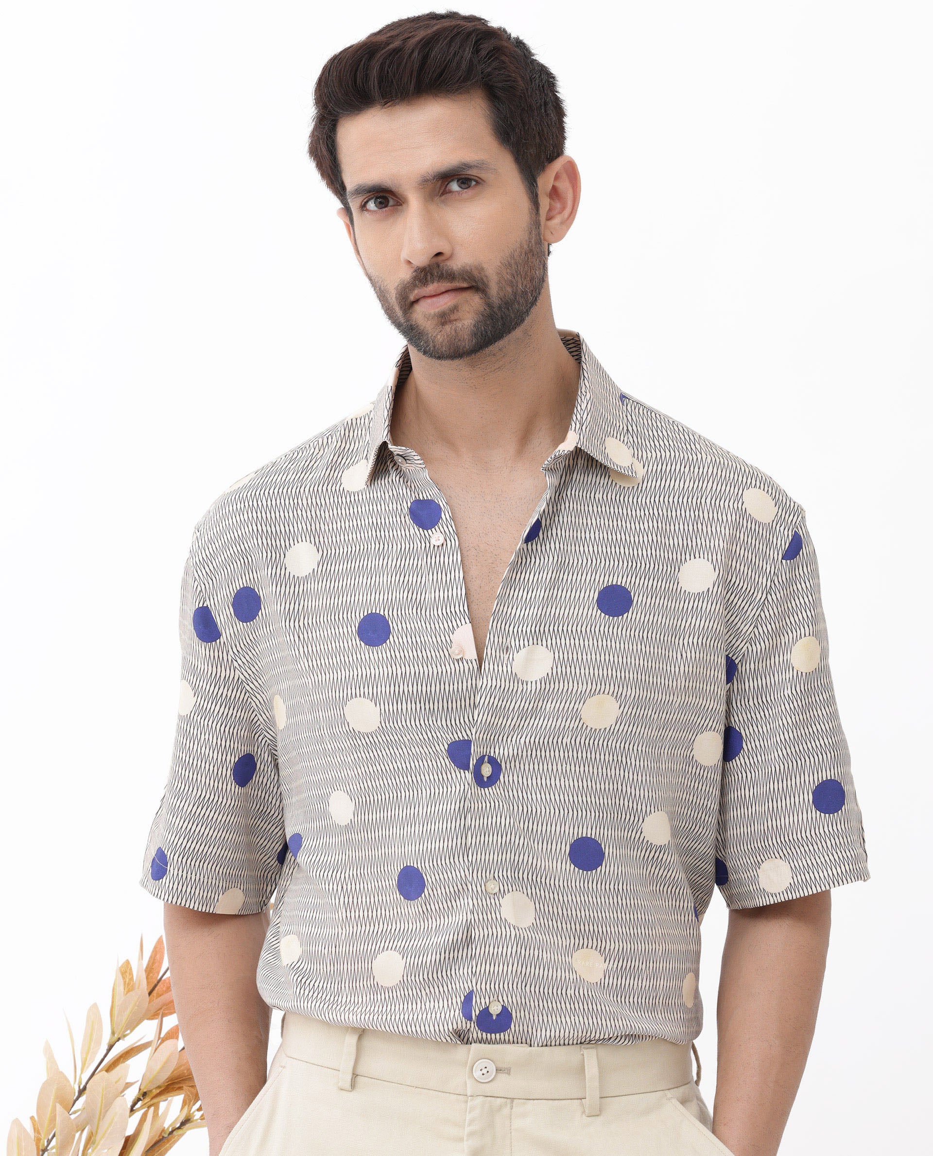 Rare Rabbit Men's Alcoron Beige Viscose Fabric Half Sleeves Boxy Fit Abstract Polka Print Shirt