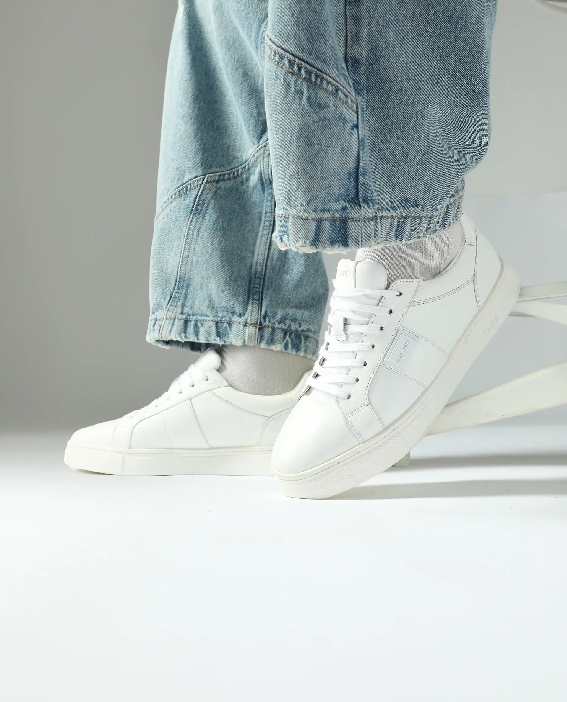 Rare Rabbit Men's Alden White Leather Fabric Sneaker