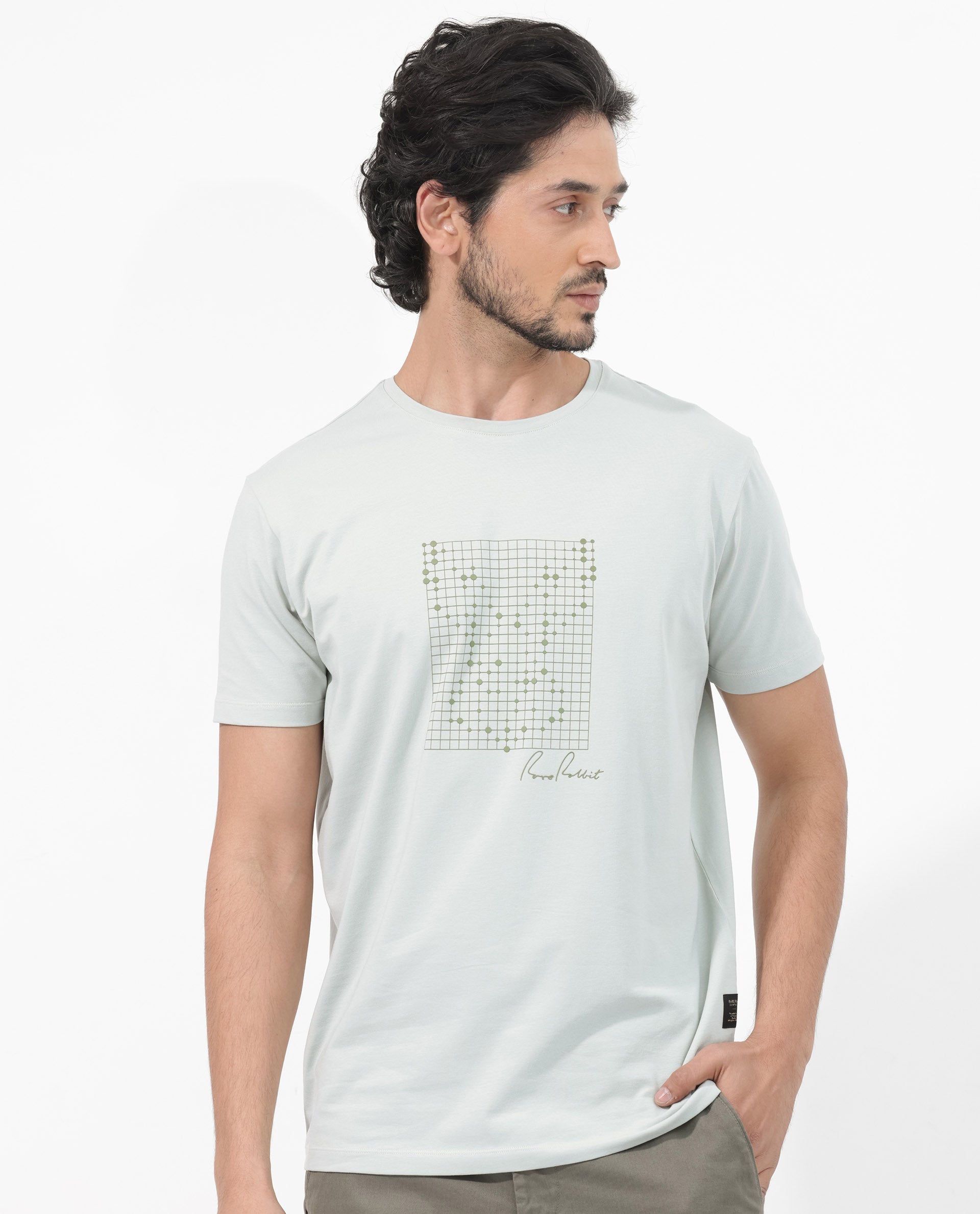 Rare Rabbit Articale Mens Alder Pastel Green Cotton Polyester Fabric Short Sleeve Crew Neck Slim Fit Printed T-Shirt