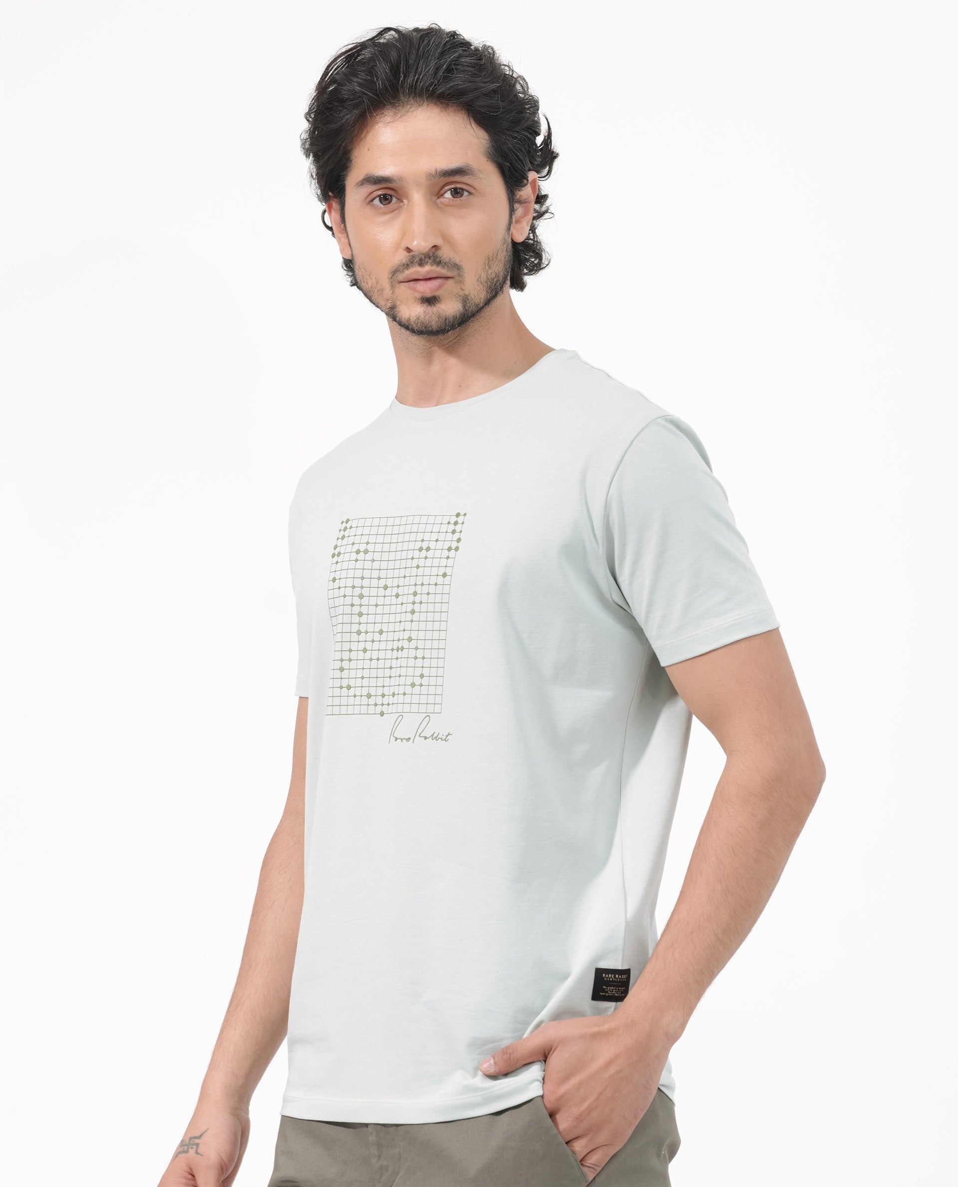 Rare Rabbit Articale Mens Alder Pastel Green Cotton Polyester Fabric Short Sleeve Crew Neck Slim Fit Printed T-Shirt