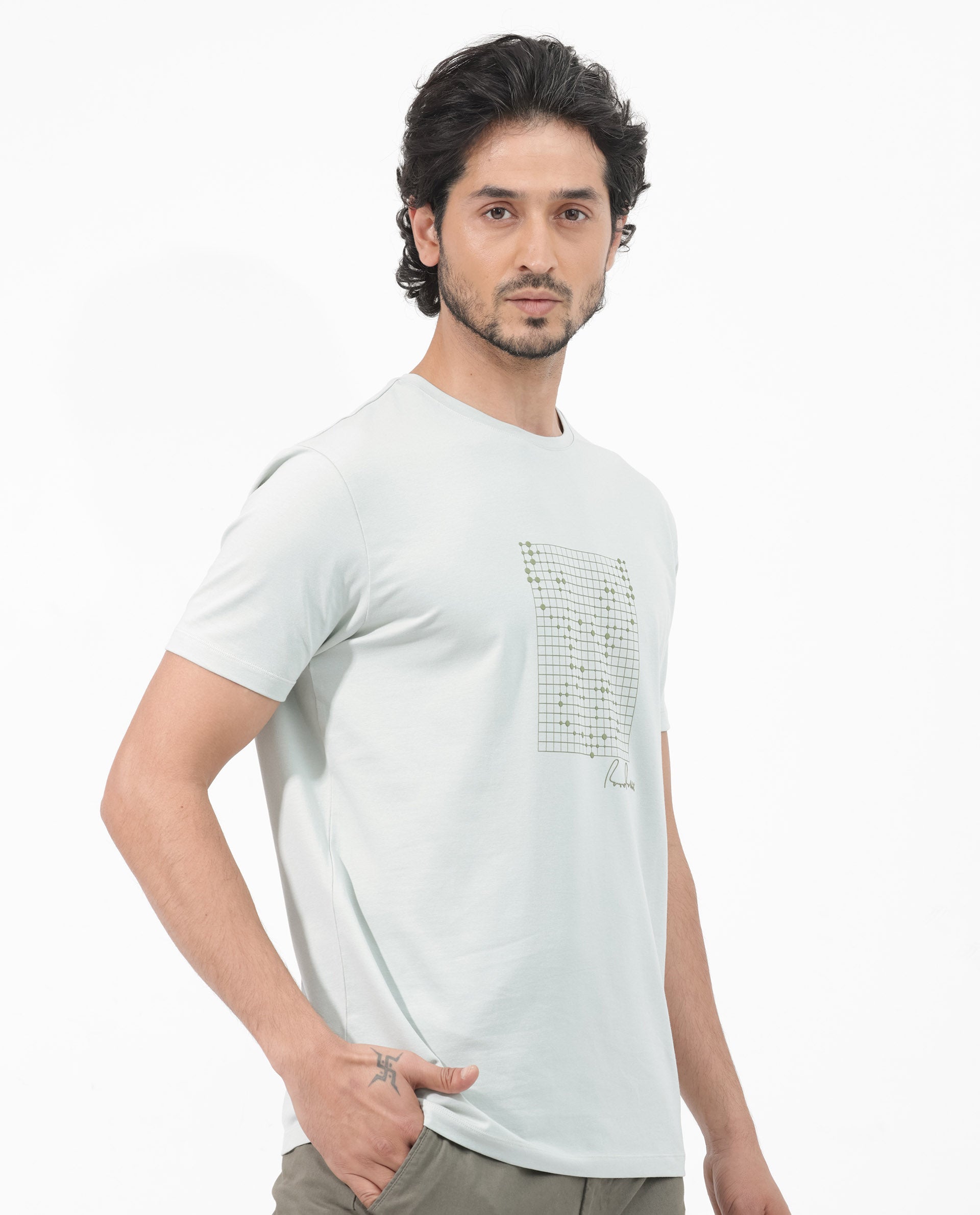 Rare Rabbit Articale Mens Alder Pastel Green Cotton Polyester Fabric Short Sleeve Crew Neck Slim Fit Printed T-Shirt