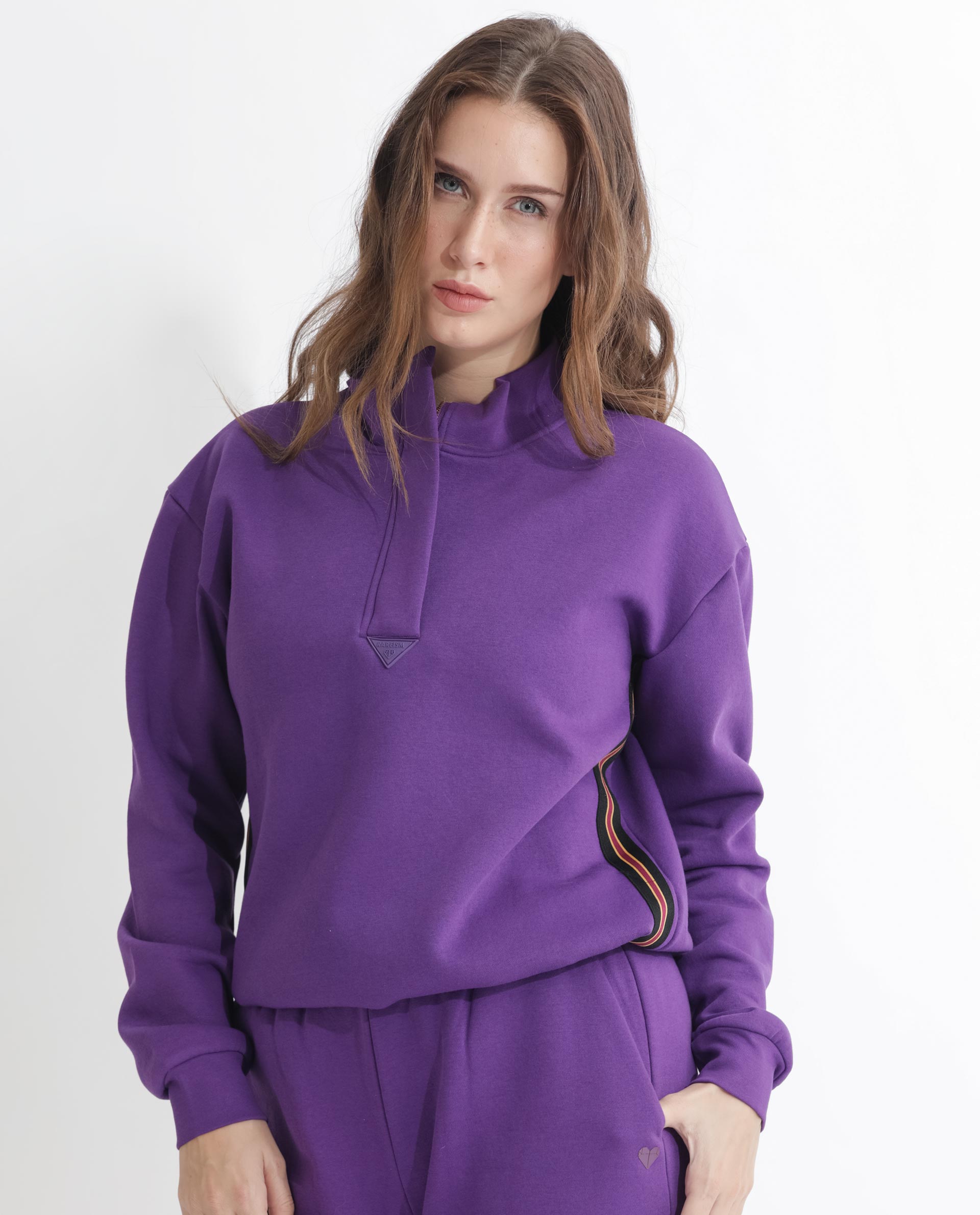 Rareism Women Aldrichh Purple Poly Cotton Fabric Regular Fit Full Sleeves Solid High Neck Sweatshirt