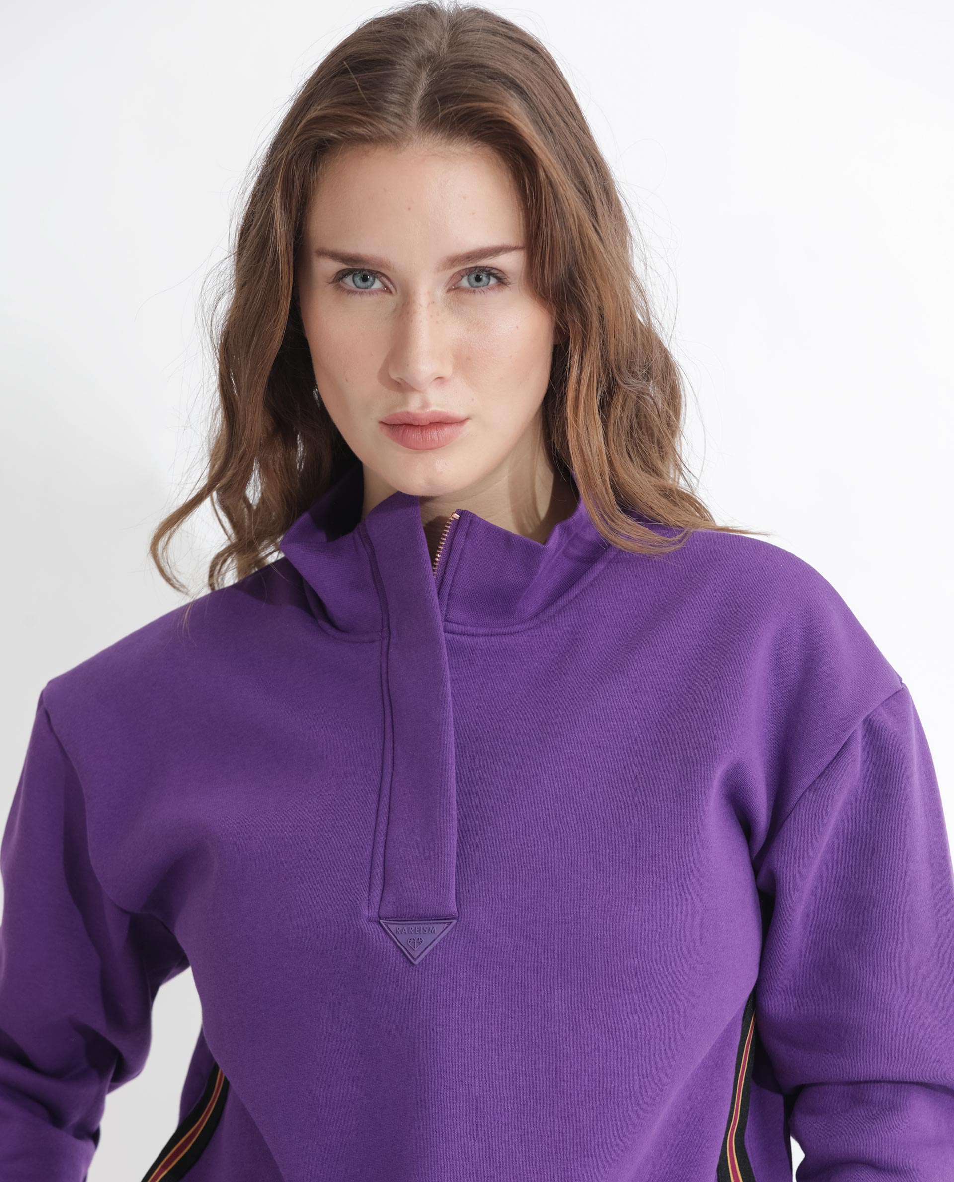 Rareism Women Aldrichh Purple Poly Cotton Fabric Regular Fit Full Sleeves Solid High Neck Sweatshirt