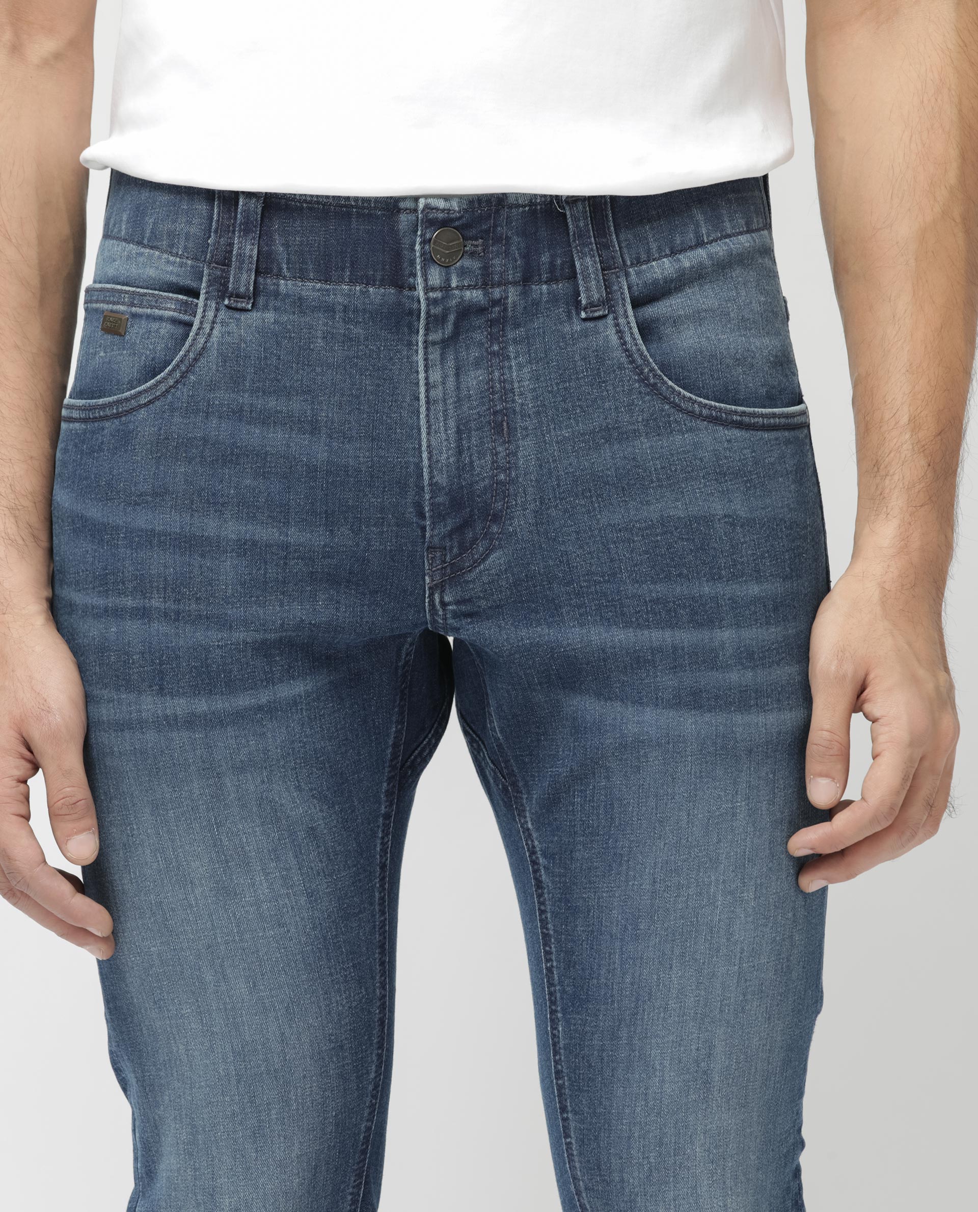 Rare Rabbit Mens Alec Blue Mid Wash Cotton Polyester Solid Skinny Fit Jeans