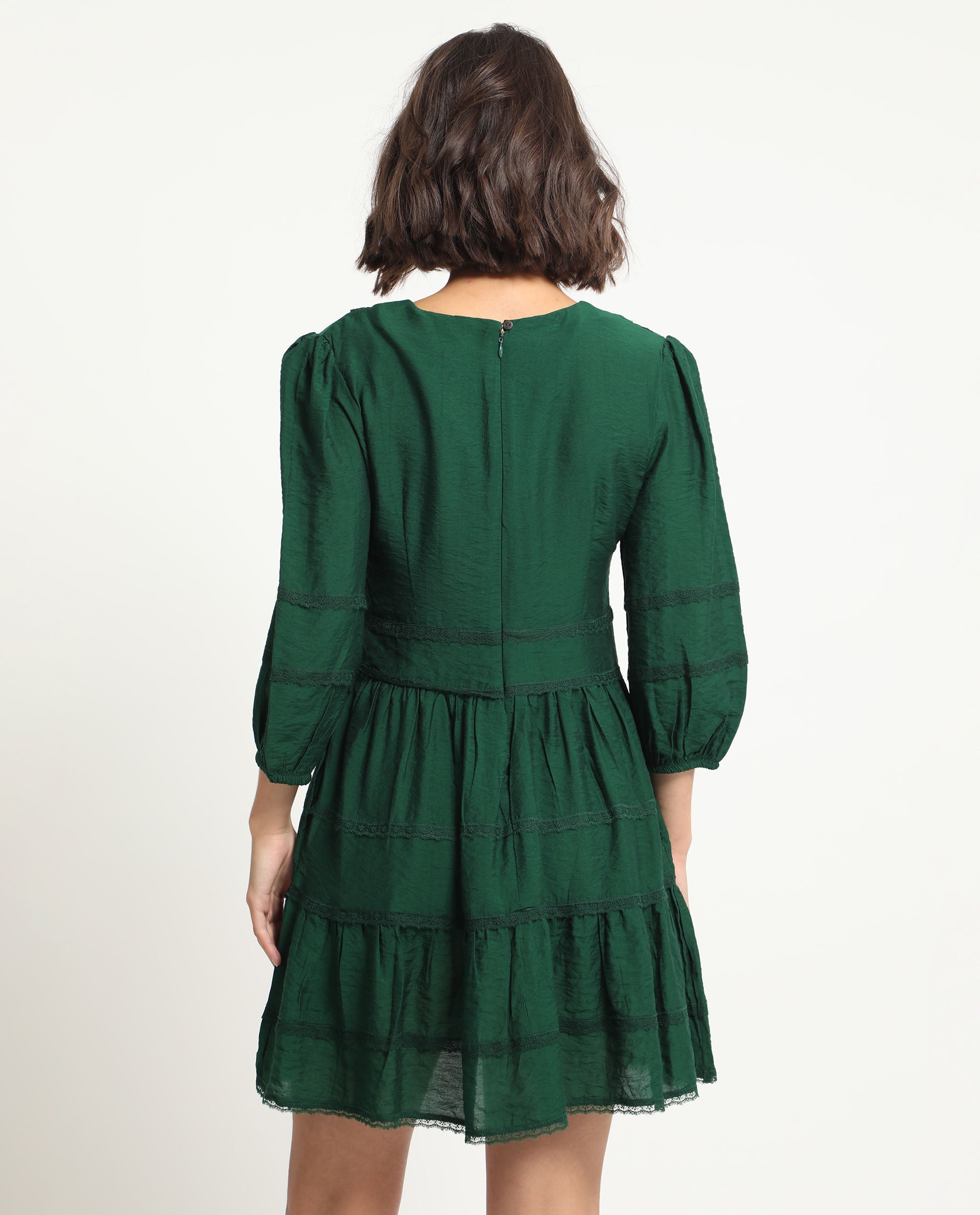 Rareism Women Alexa Dark Green Viscose Fabric 3/4Th Sleeves V-Neck Balloon Sleeve Regular Fit Plain Mini A-Line Dress