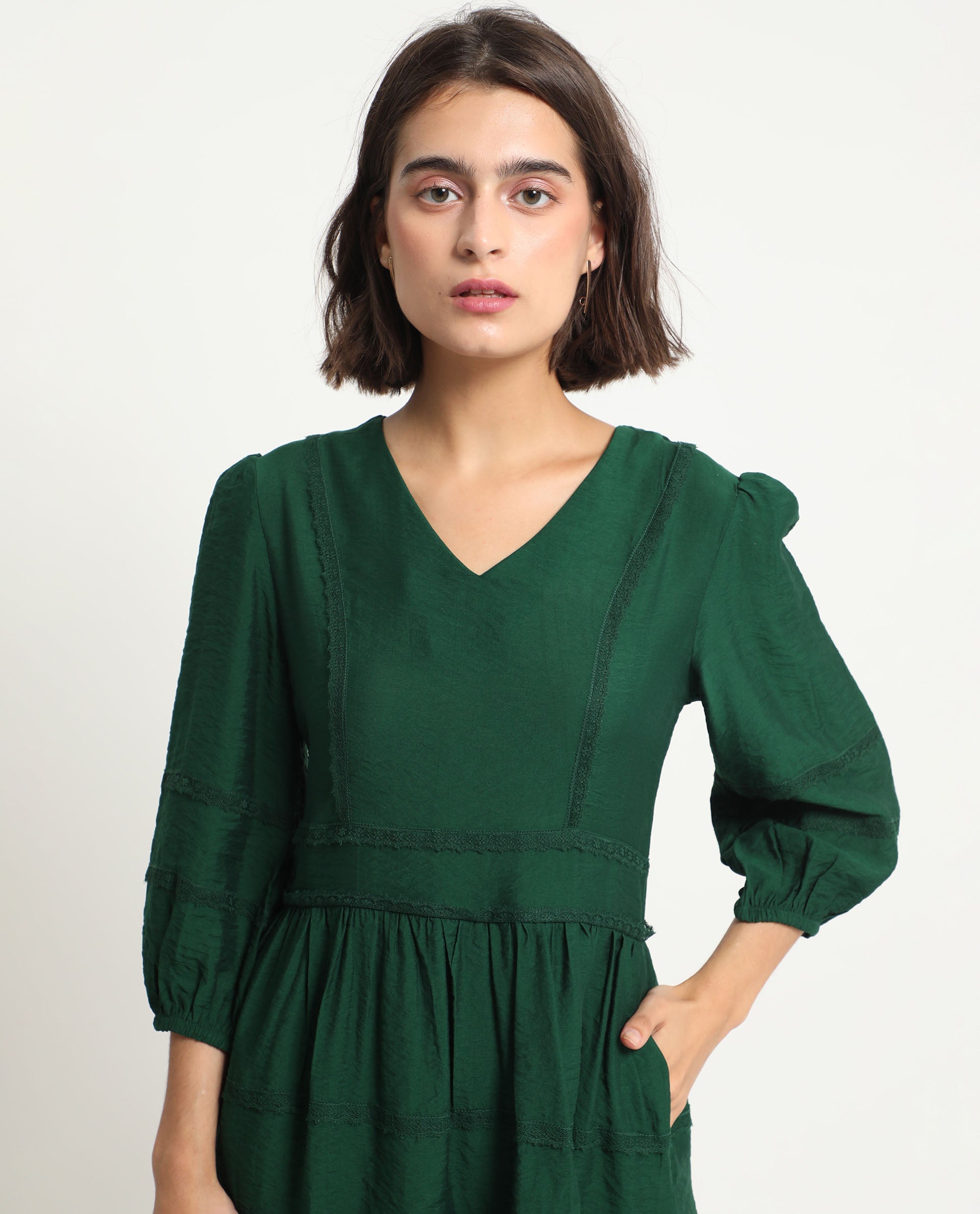 Rareism Women Alexa Dark Green Viscose Fabric 3/4Th Sleeves V-Neck Balloon Sleeve Regular Fit Plain Mini A-Line Dress