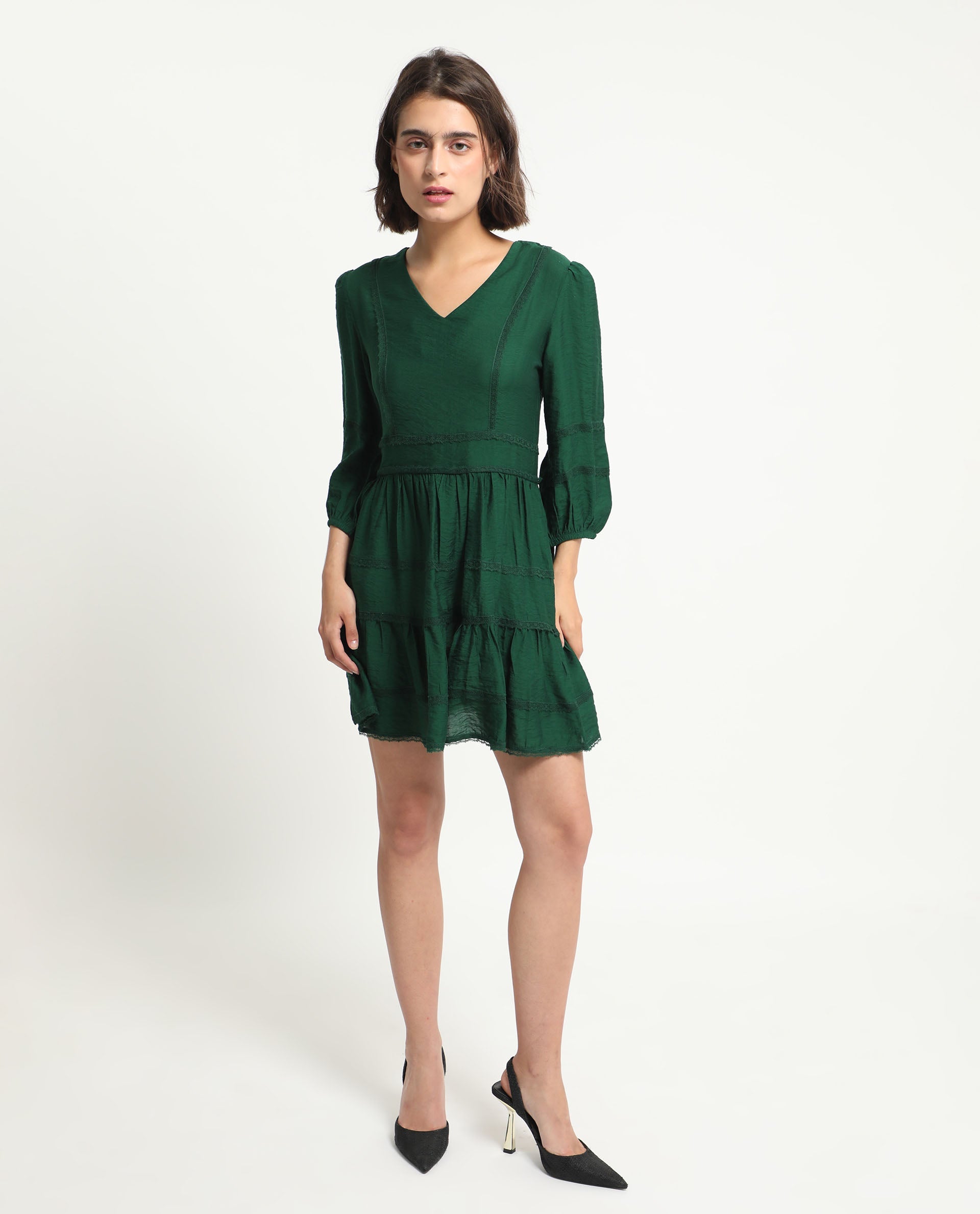Rareism Women Alexa Dark Green Viscose Fabric 3/4Th Sleeves V-Neck Balloon Sleeve Regular Fit Plain Mini A-Line Dress