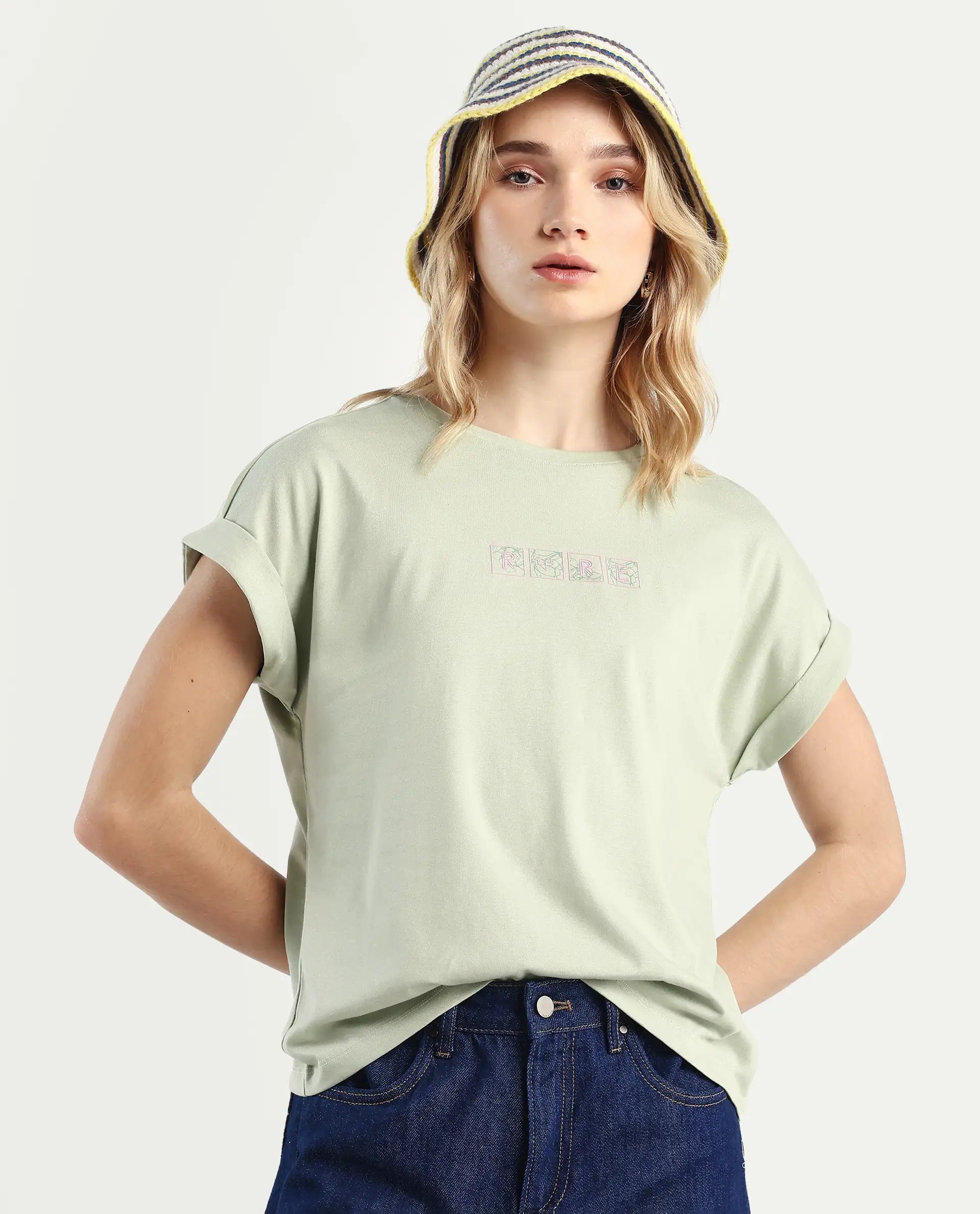 Rareism Women's Alexy Pastel Green Cotton Blend Crew Neck Graphic Print Extended Sleeves Regular Fit T-Shirt