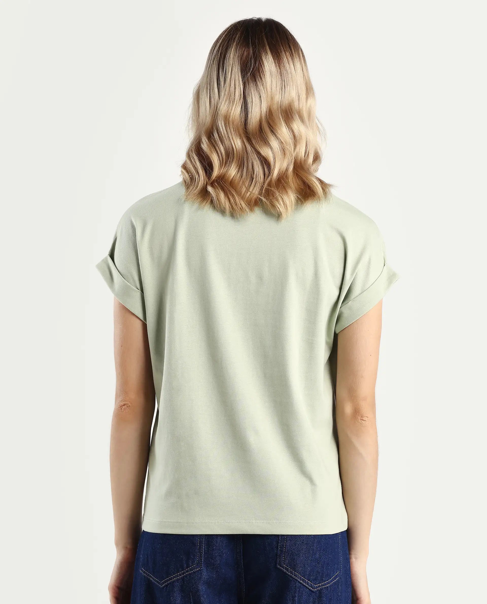 Rareism Women's Alexy Pastel Green Cotton Blend Crew Neck Graphic Print Extended Sleeves Regular Fit T-Shirt