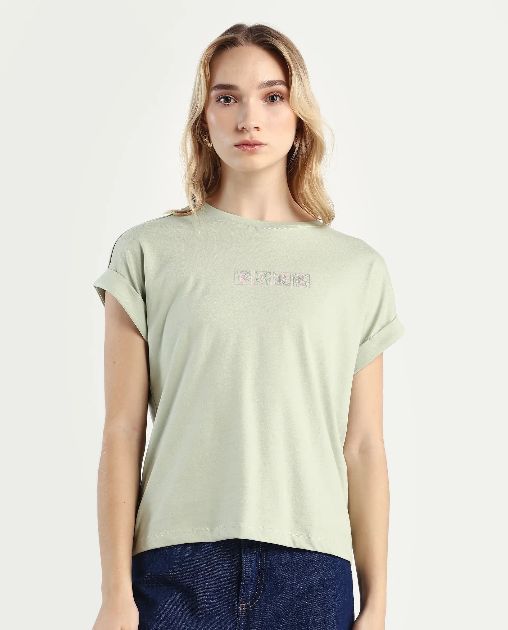 Rareism Women's Alexy Pastel Green Cotton Blend Crew Neck Graphic Print Extended Sleeves Regular Fit T-Shirt