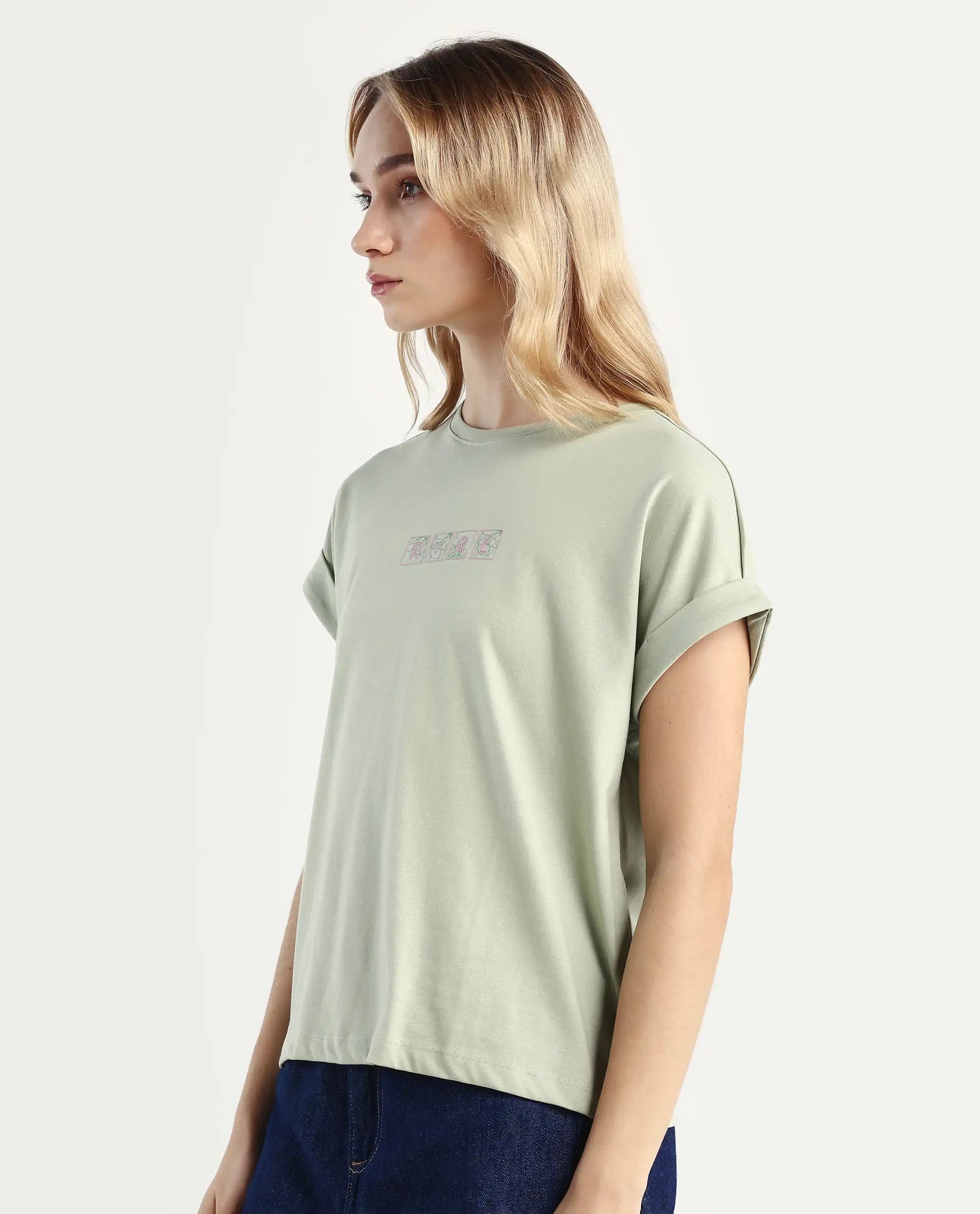 Rareism Women's Alexy Pastel Green Cotton Blend Crew Neck Graphic Print Extended Sleeves Regular Fit T-Shirt