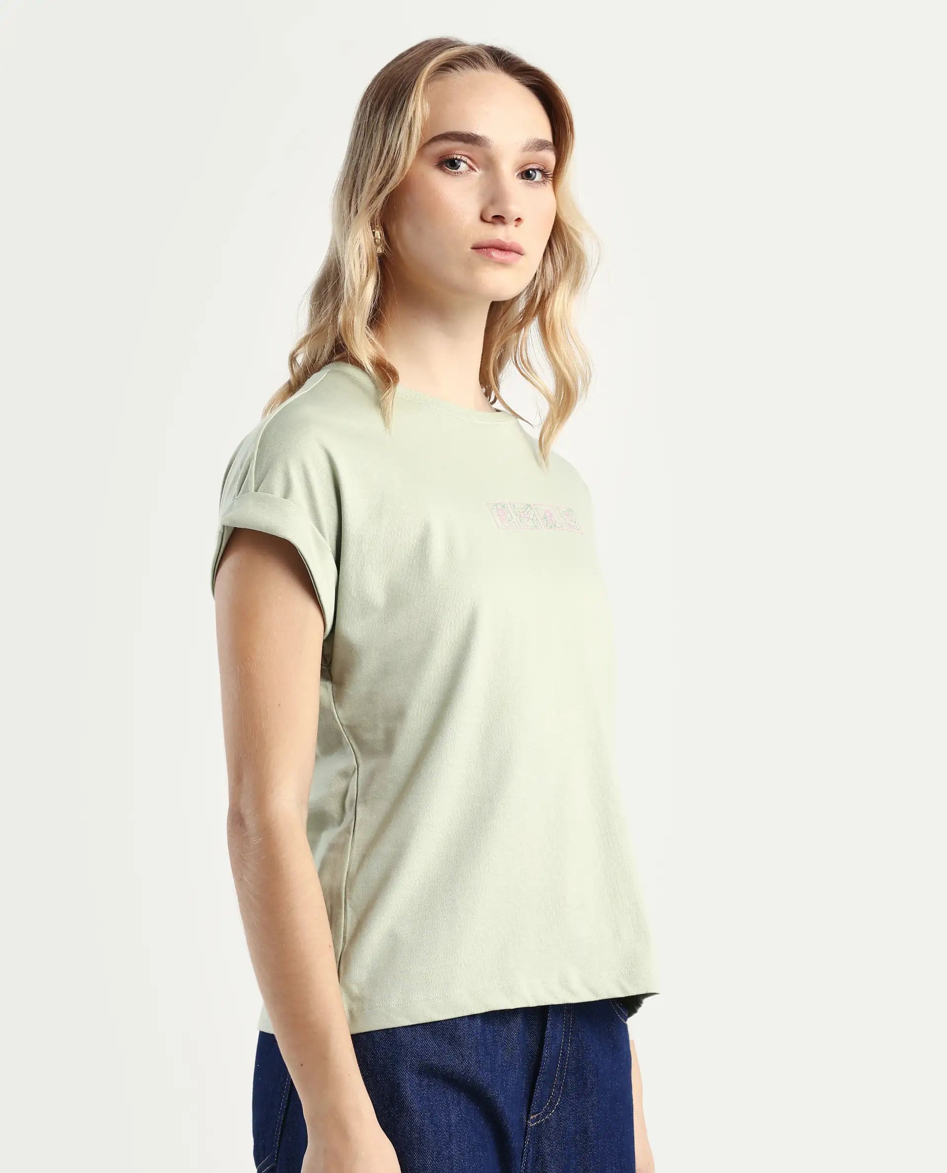 Rareism Women's Alexy Pastel Green Cotton Blend Crew Neck Graphic Print Extended Sleeves Regular Fit T-Shirt