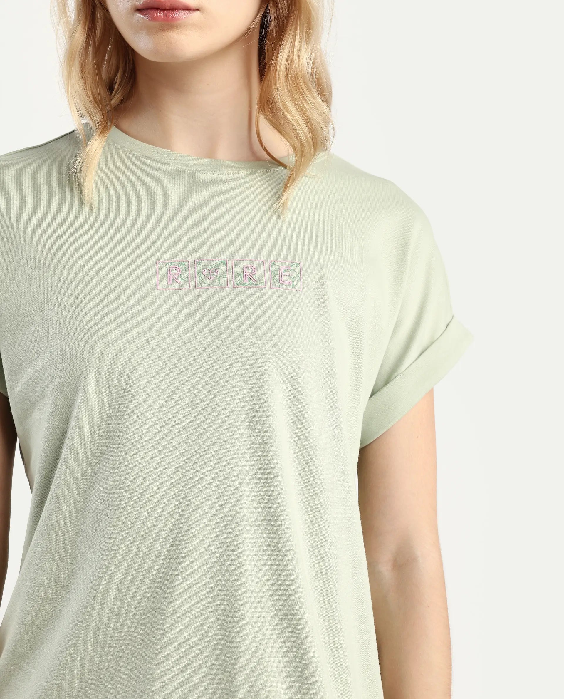 Rareism Women's Alexy Pastel Green Cotton Blend Crew Neck Graphic Print Extended Sleeves Regular Fit T-Shirt