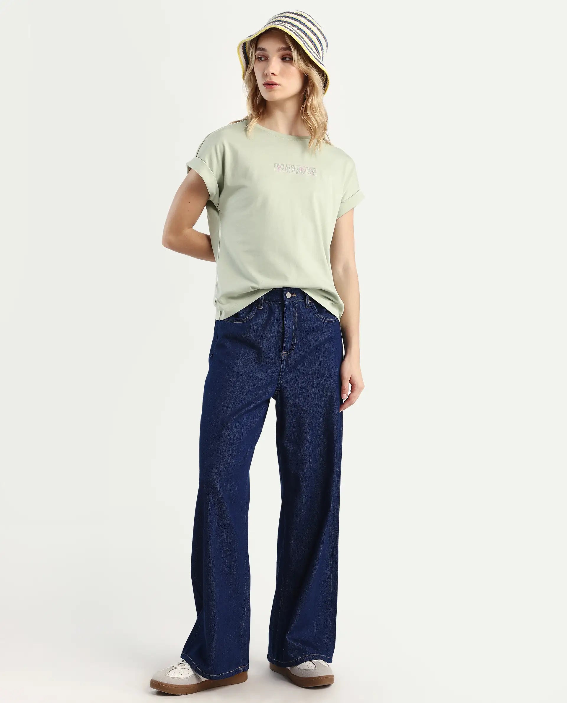 Rareism Women's Alexy Pastel Green Cotton Blend Crew Neck Graphic Print Extended Sleeves Regular Fit T-Shirt