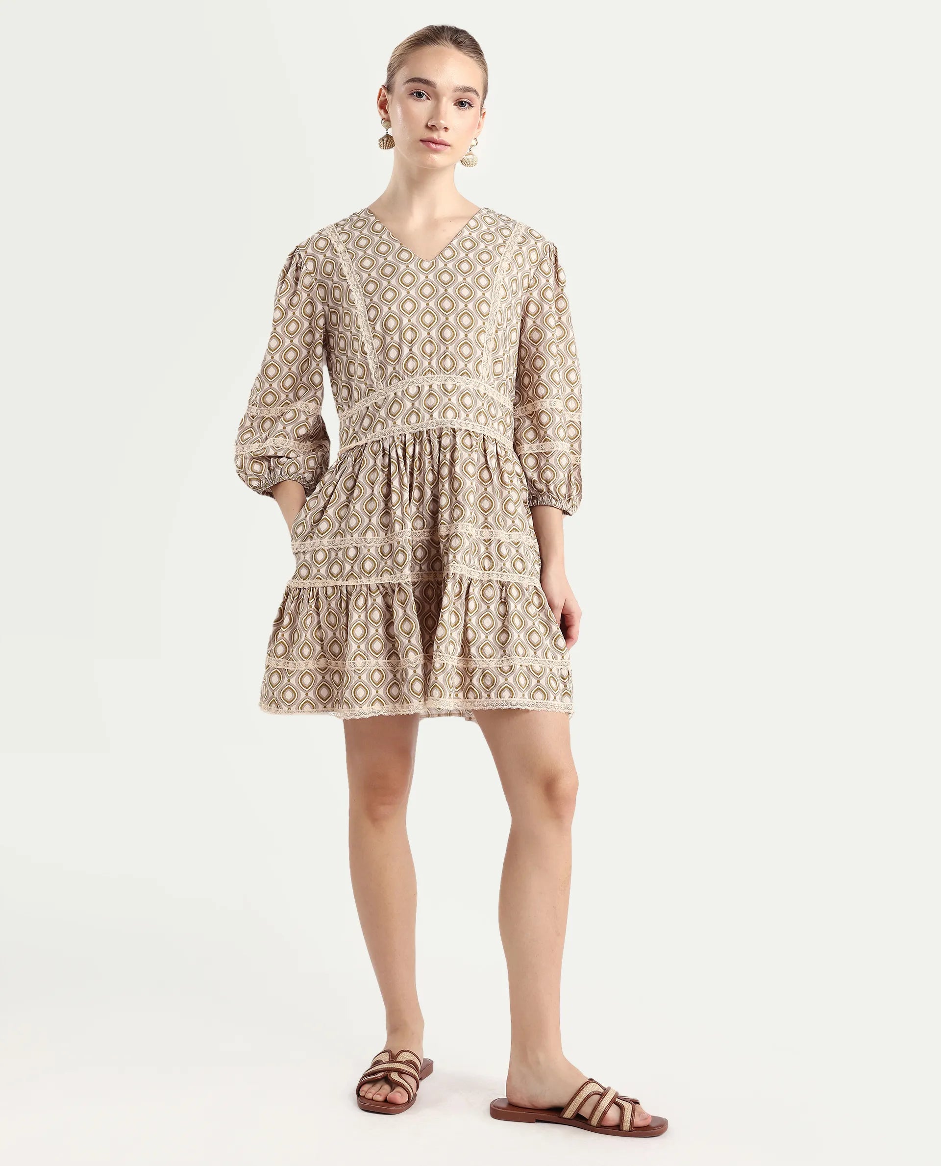 Rareism Women's Alexo Beige Nylon Blend V-Neck Geometric Print Puff Sleeves Mini Fit And Flare Dress