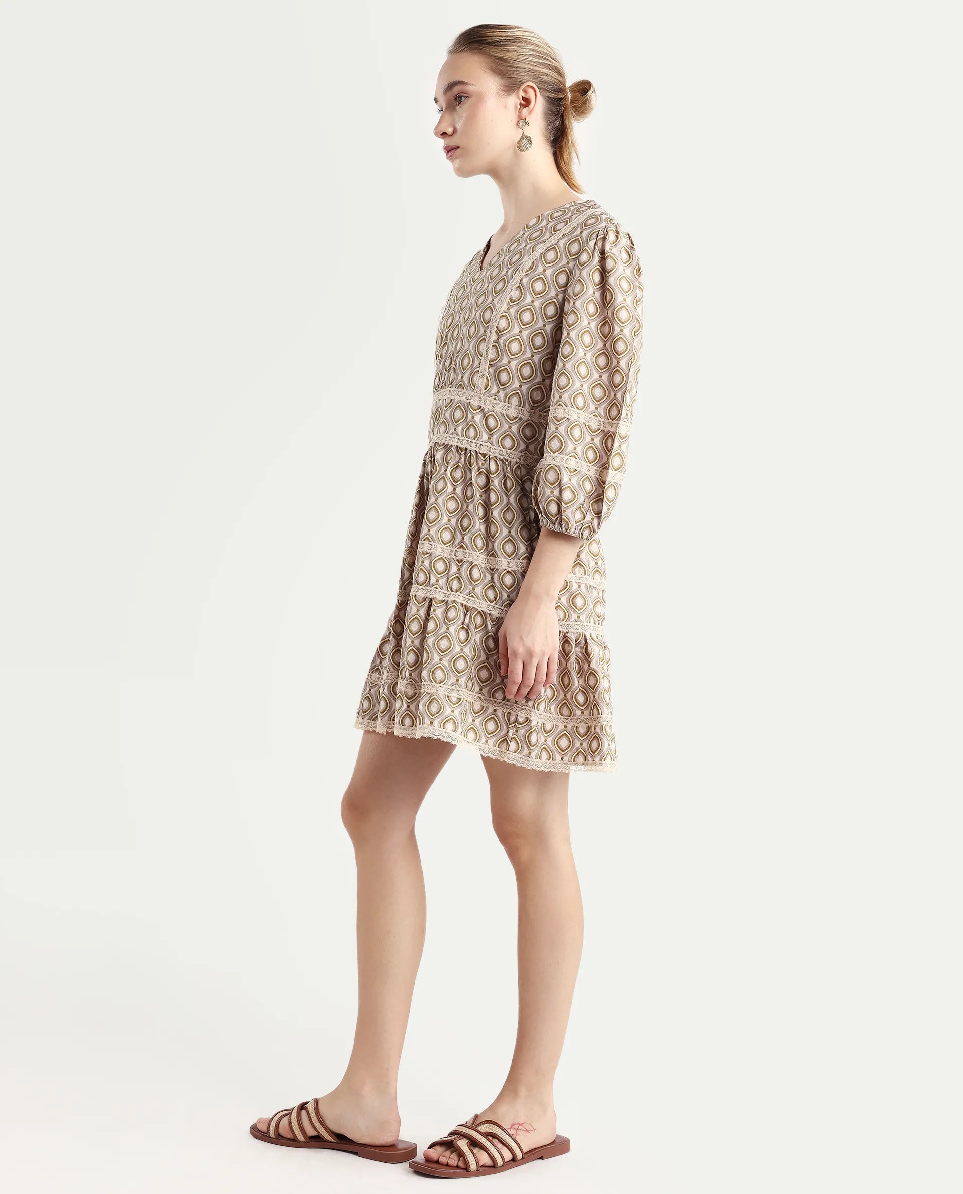 Rareism Women's Alexo Beige Nylon Blend V-Neck Geometric Print Puff Sleeves Mini Fit And Flare Dress