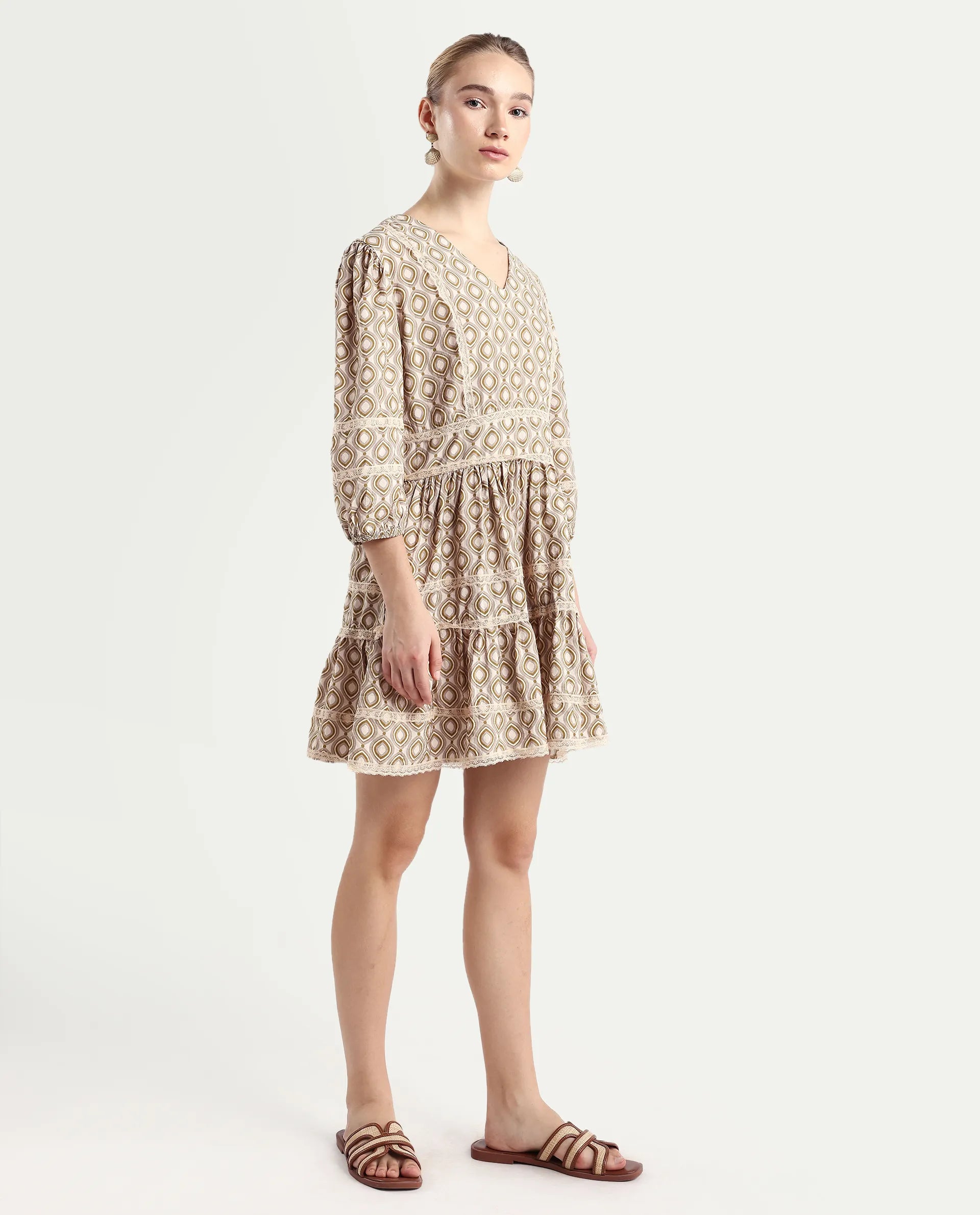 Rareism Women's Alexo Beige Nylon Blend V-Neck Geometric Print Puff Sleeves Mini Fit And Flare Dress