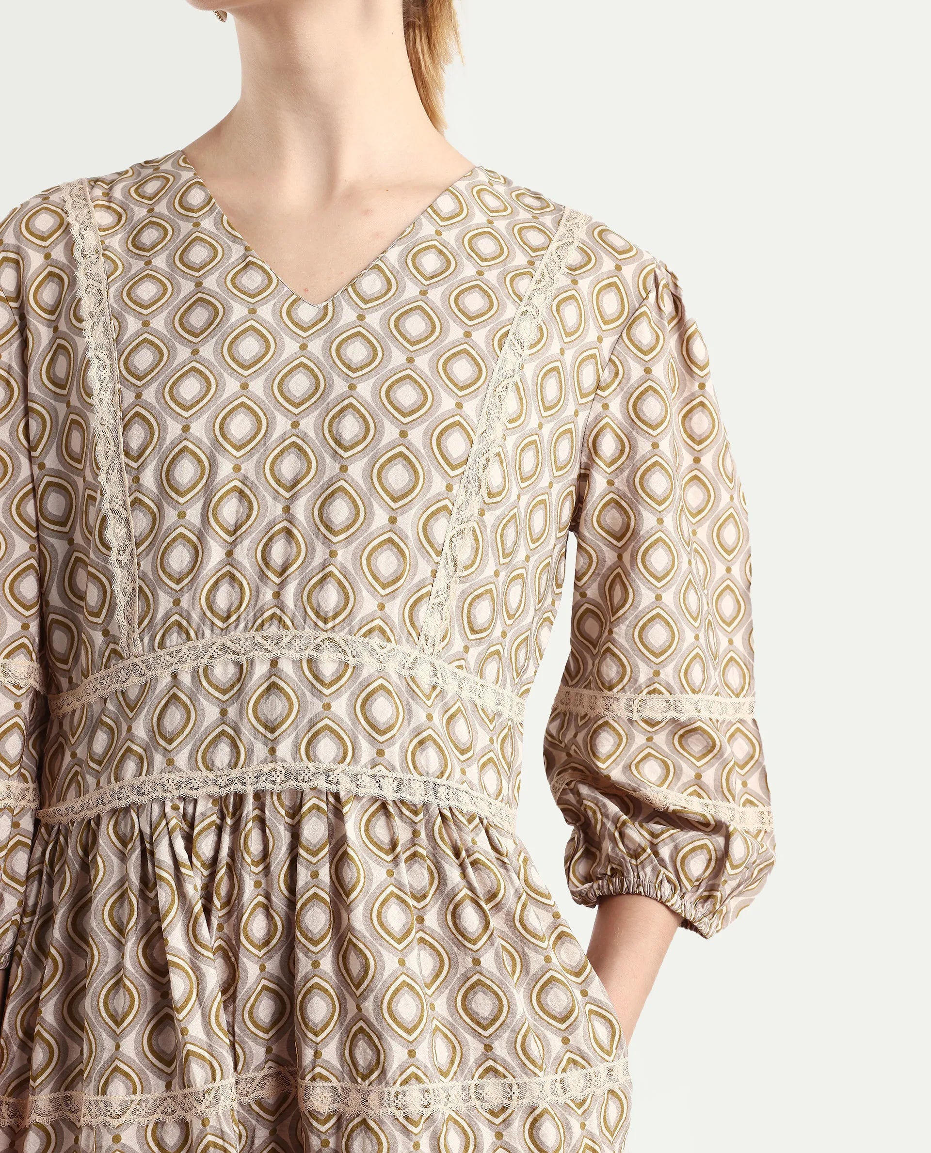 Rareism Women's Alexo Beige Nylon Blend V-Neck Geometric Print Puff Sleeves Mini Fit And Flare Dress