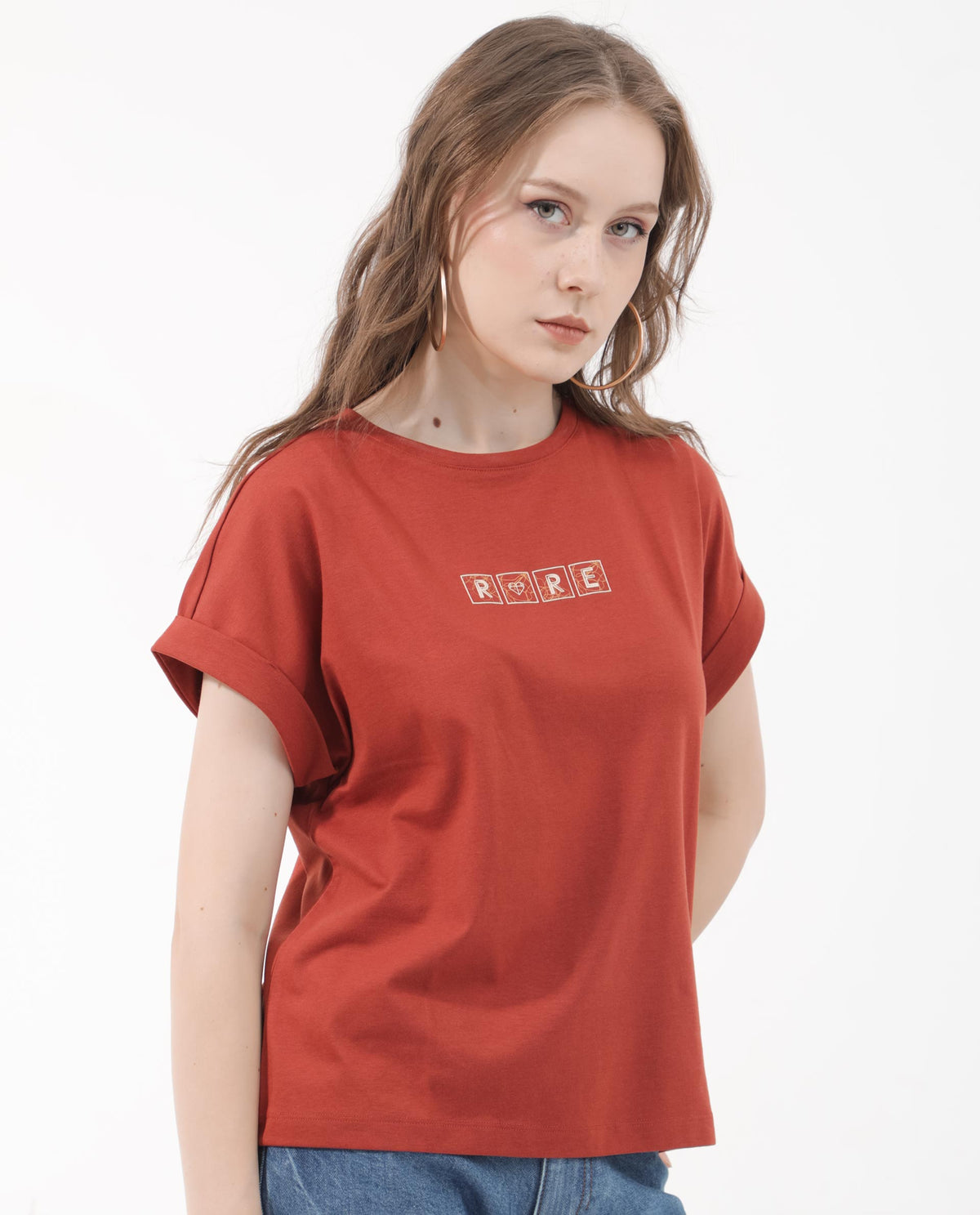 Rareism Women Alexy Rust Cotton Poly Fabric Short Sleeve Crew Neck Solid T-Shirt