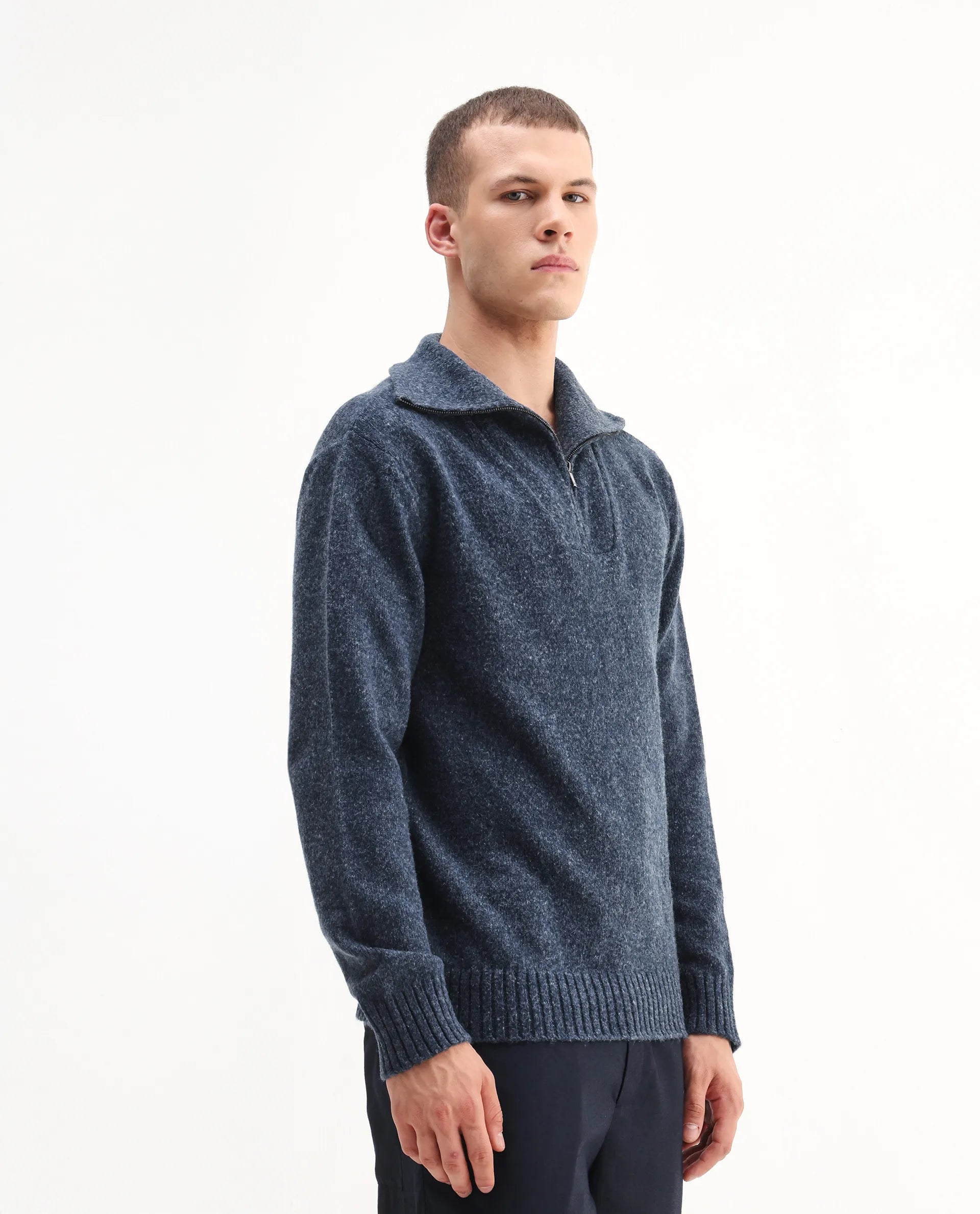 Rare Rabbit Men's Alfert Dusky Navy Polyester Plain Regular Fit Full Sleeve High Neck Sweater