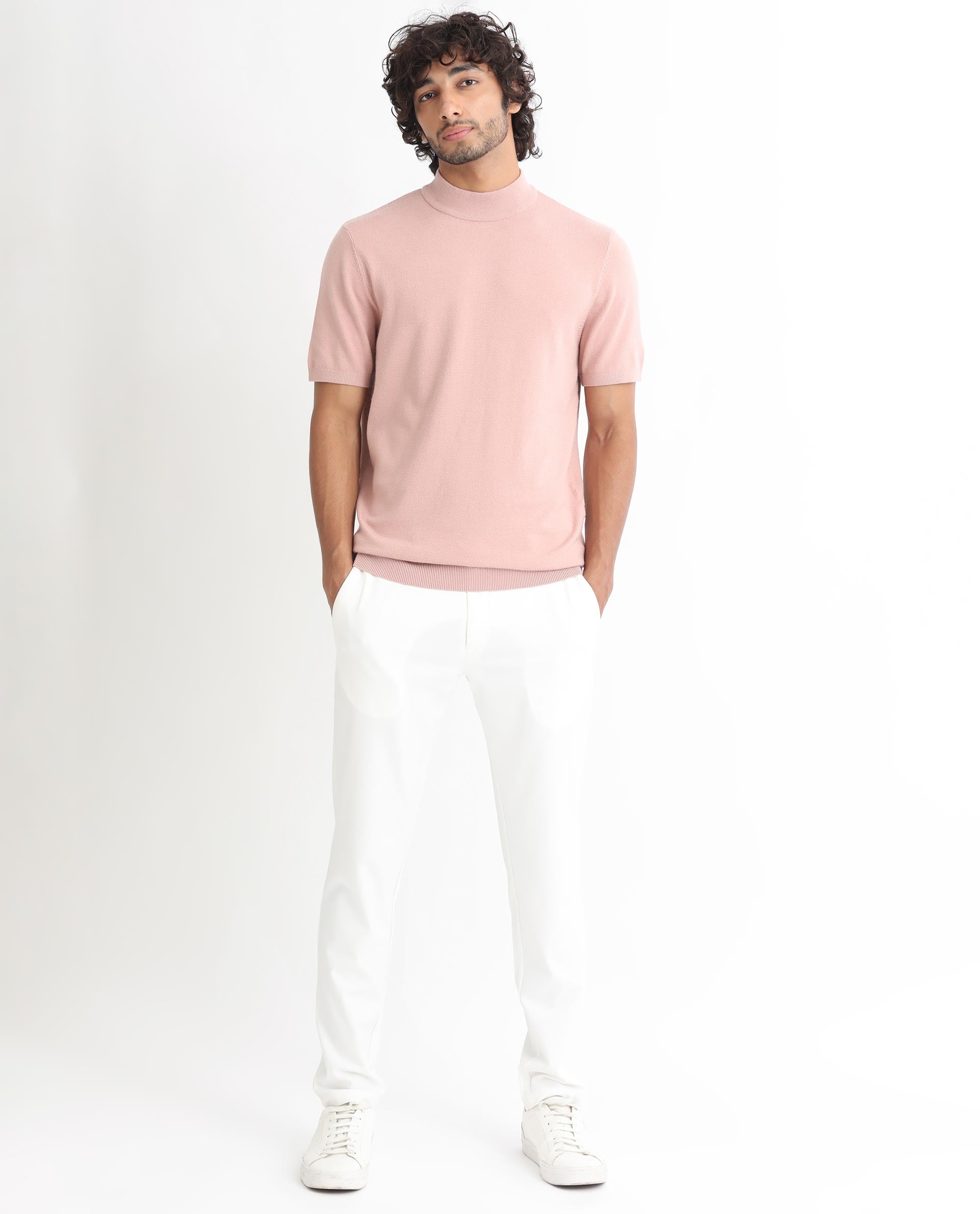 Rare Rabbit Men's Alfet Peach Half Sleeves High Neck Knitted T-Shirt